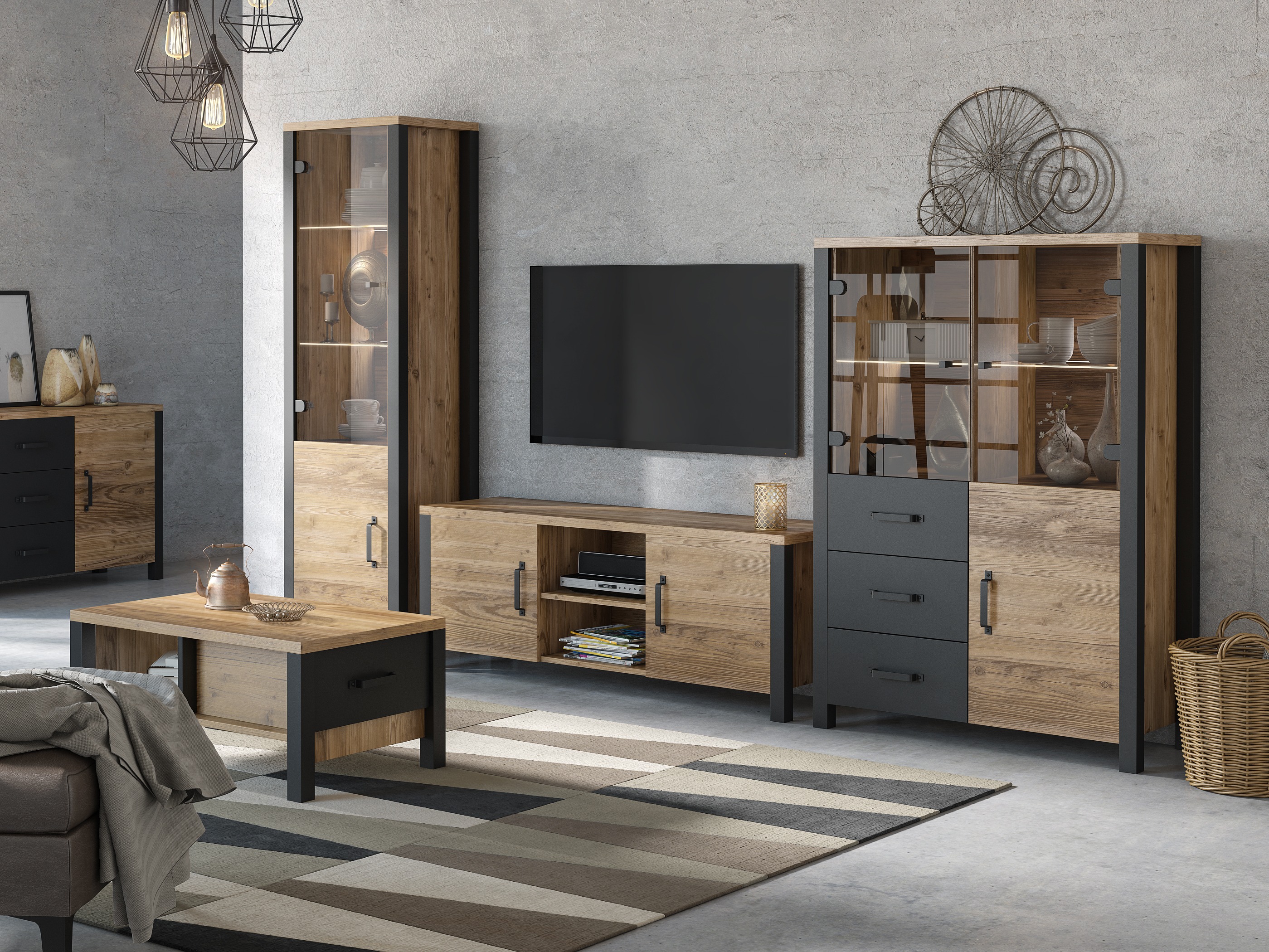 Komplet za dnevno sobo Tornua 113 (Temna smreka + Mat črna)