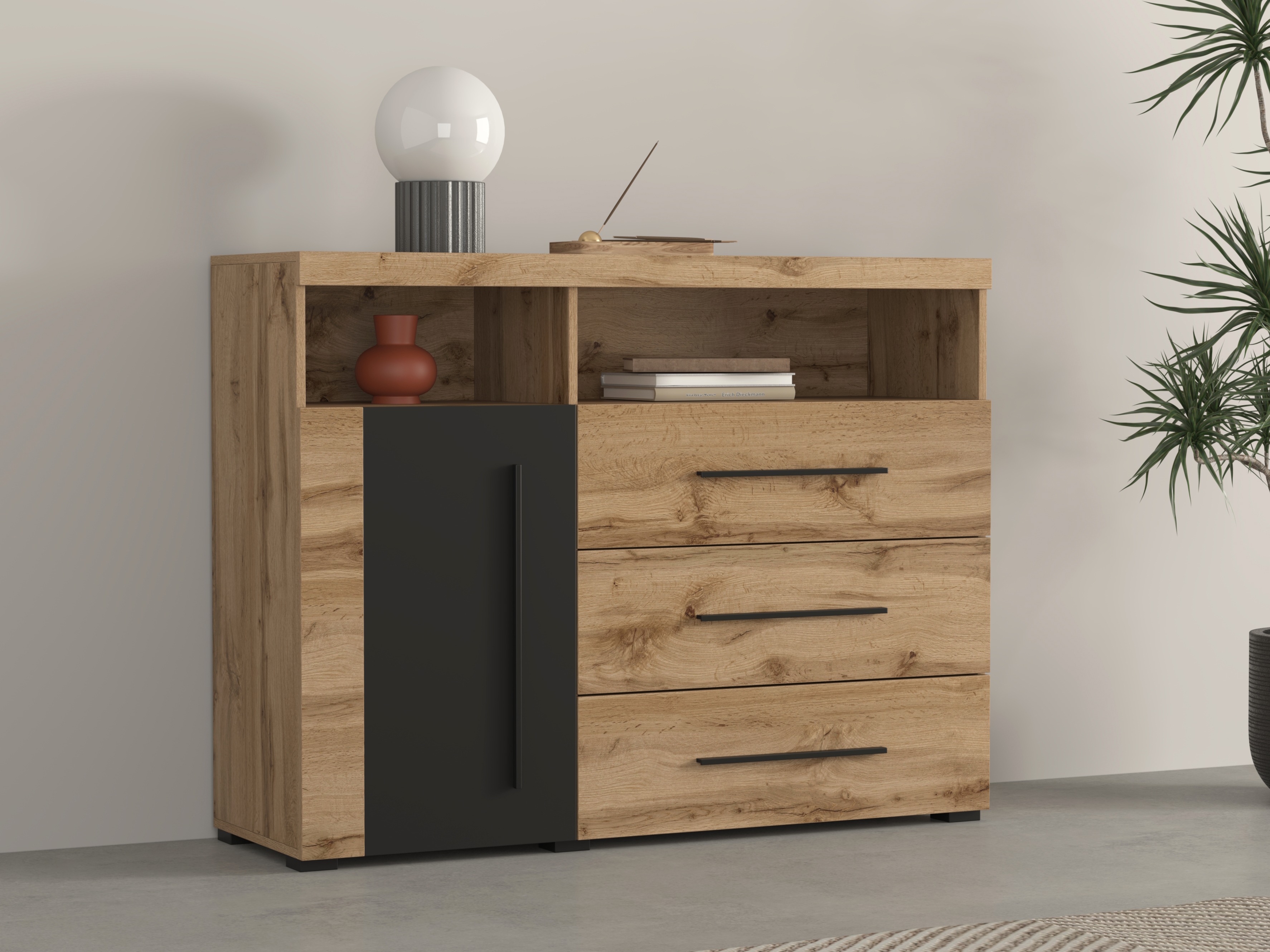 Komoda Sorciro 102 (Črna + Wotan hrast)