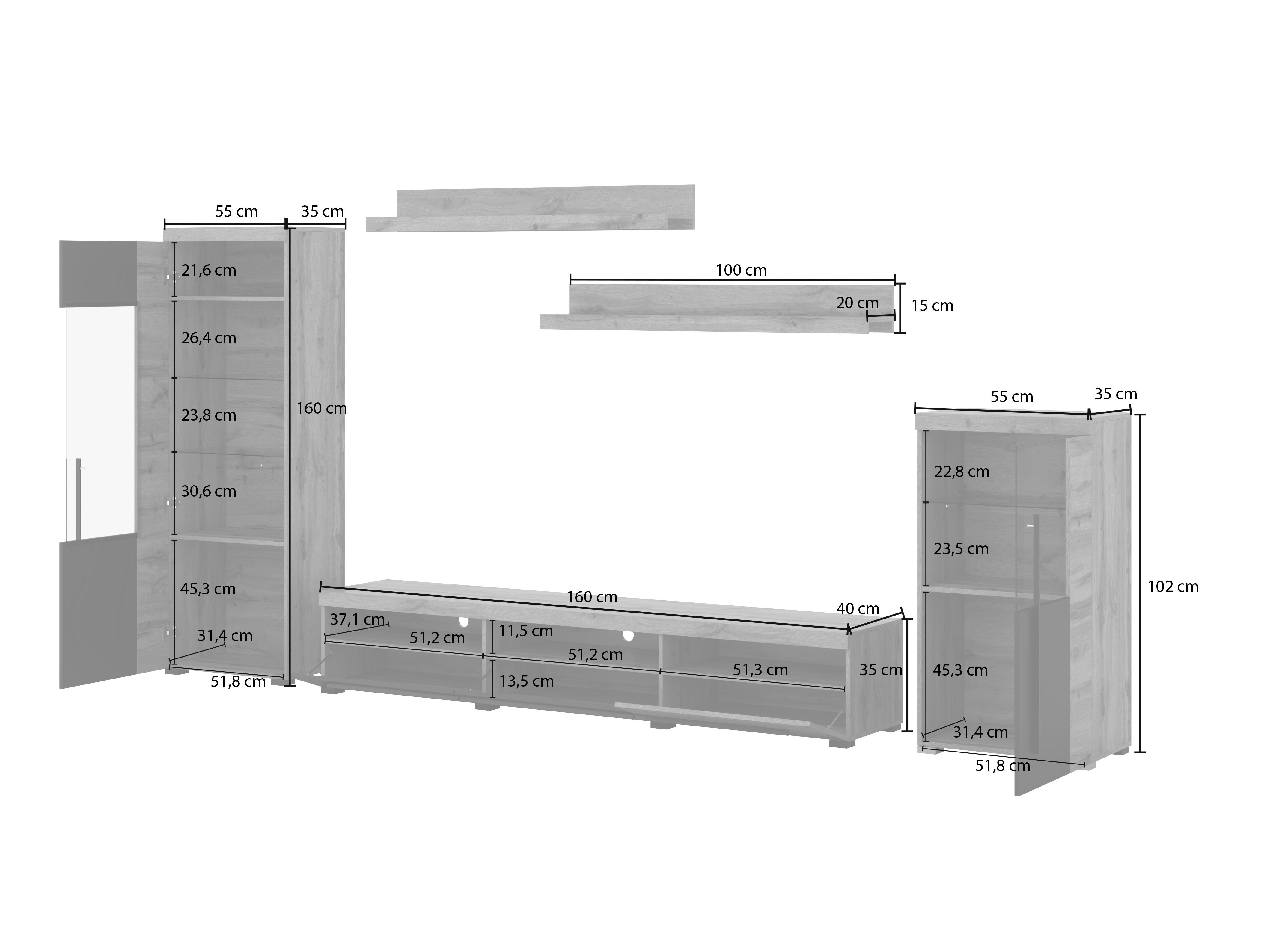 Komplet za dnevno sobo Sorciro 103 (Črna + Wotan hrast)