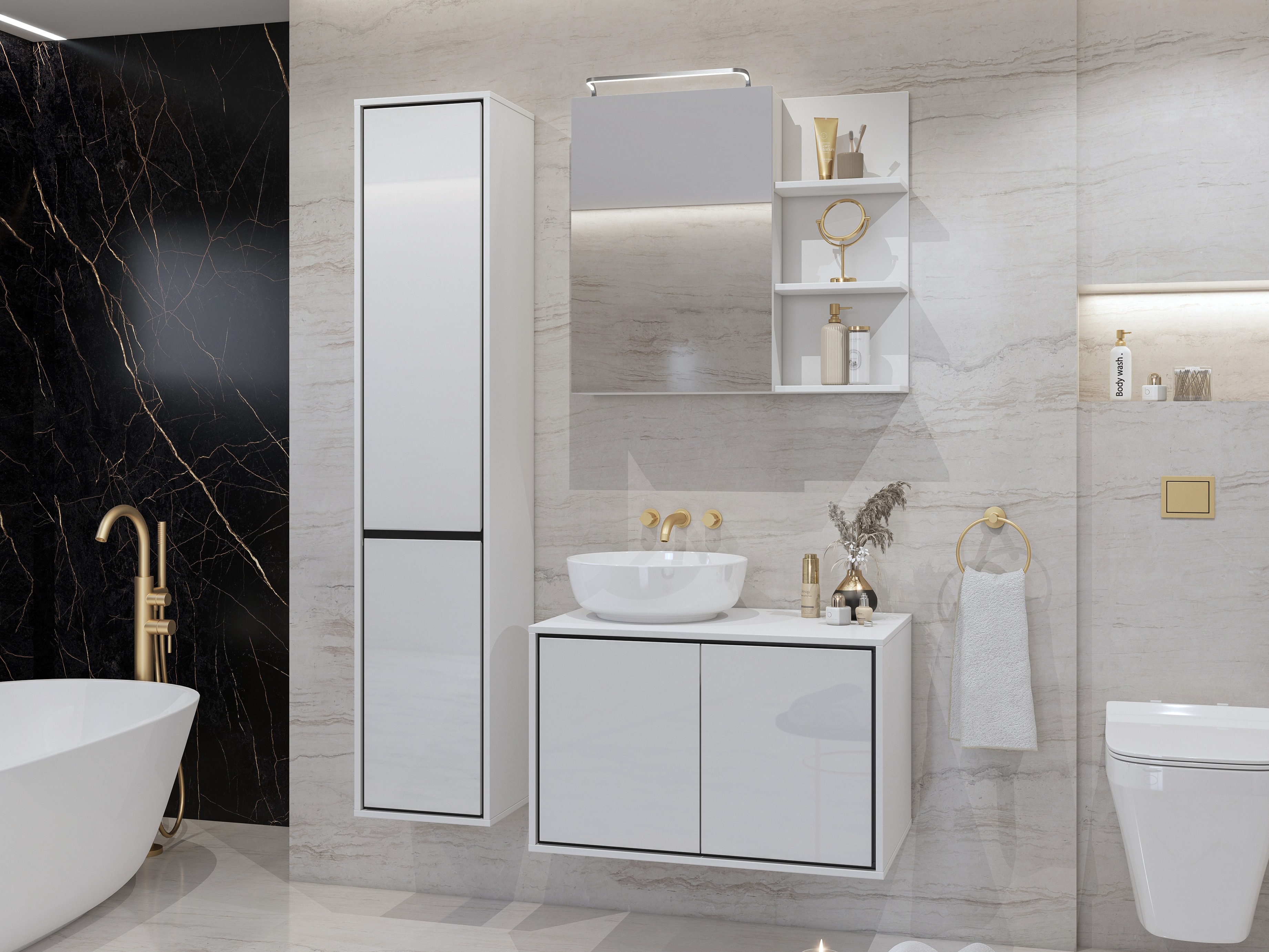 Prostostoječa Kopalniška omarica Tecavu 101 (Sijaj bela + Bela)