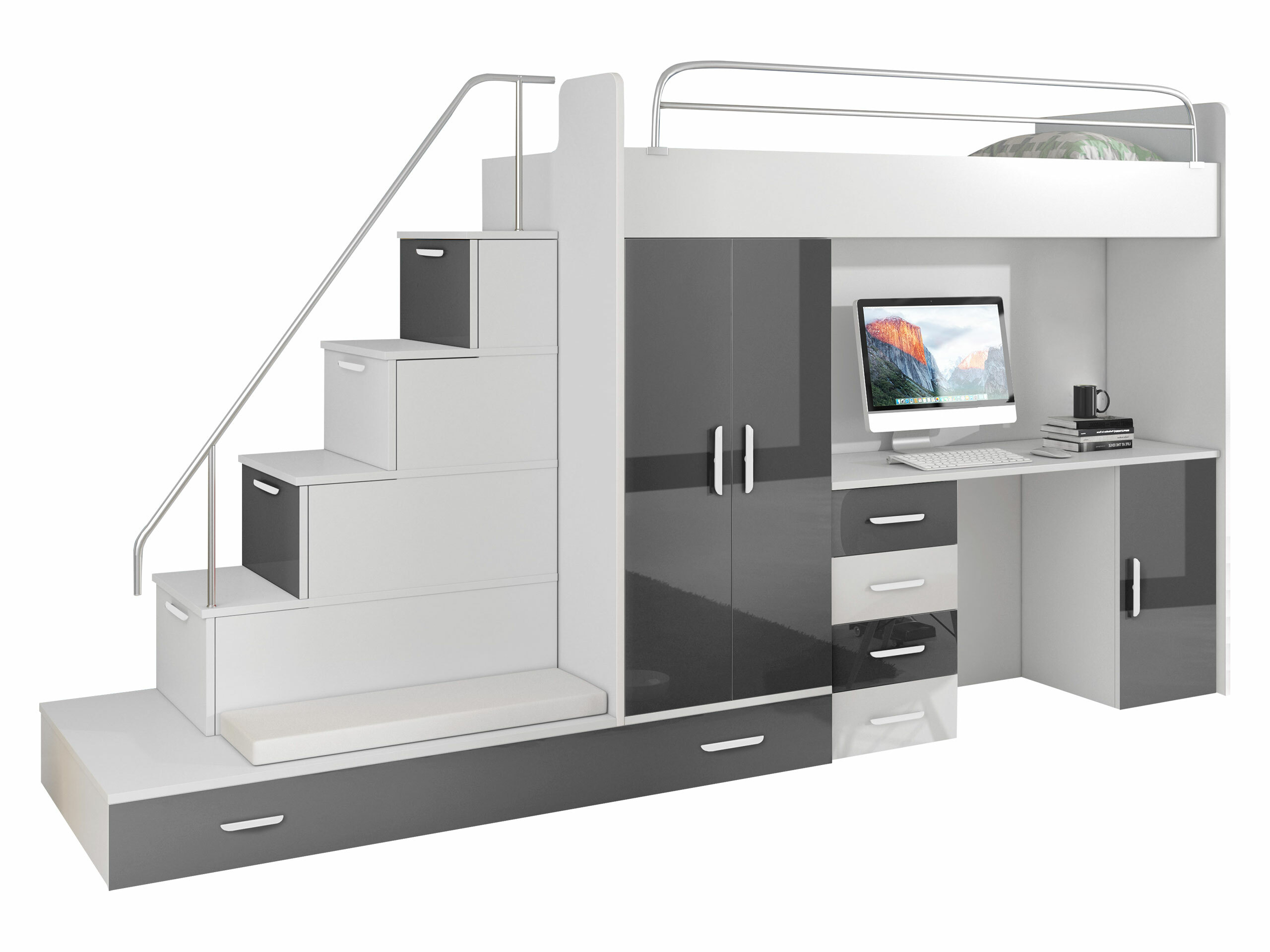 Komplet pohištva za otroško sobo Campus I (Bela + Sijaj bela + Sijaj siva)