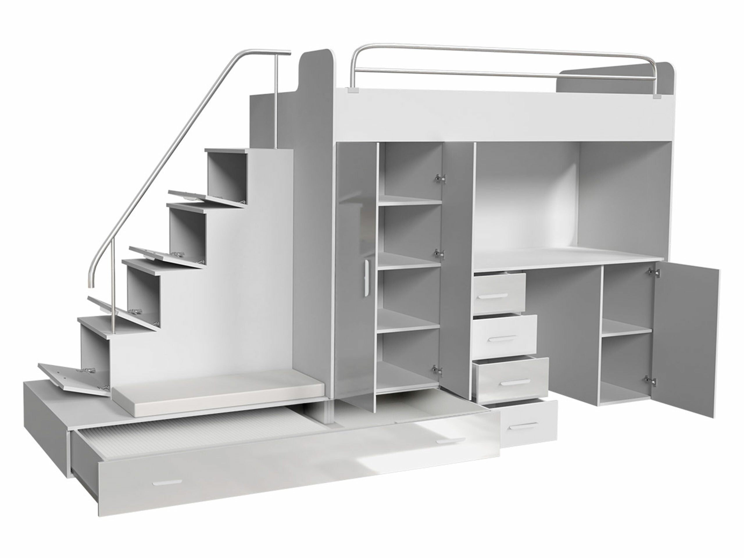 Komplet pohištva za otroško sobo Campus I (Bela + Sijaj bela + Sijaj siva)