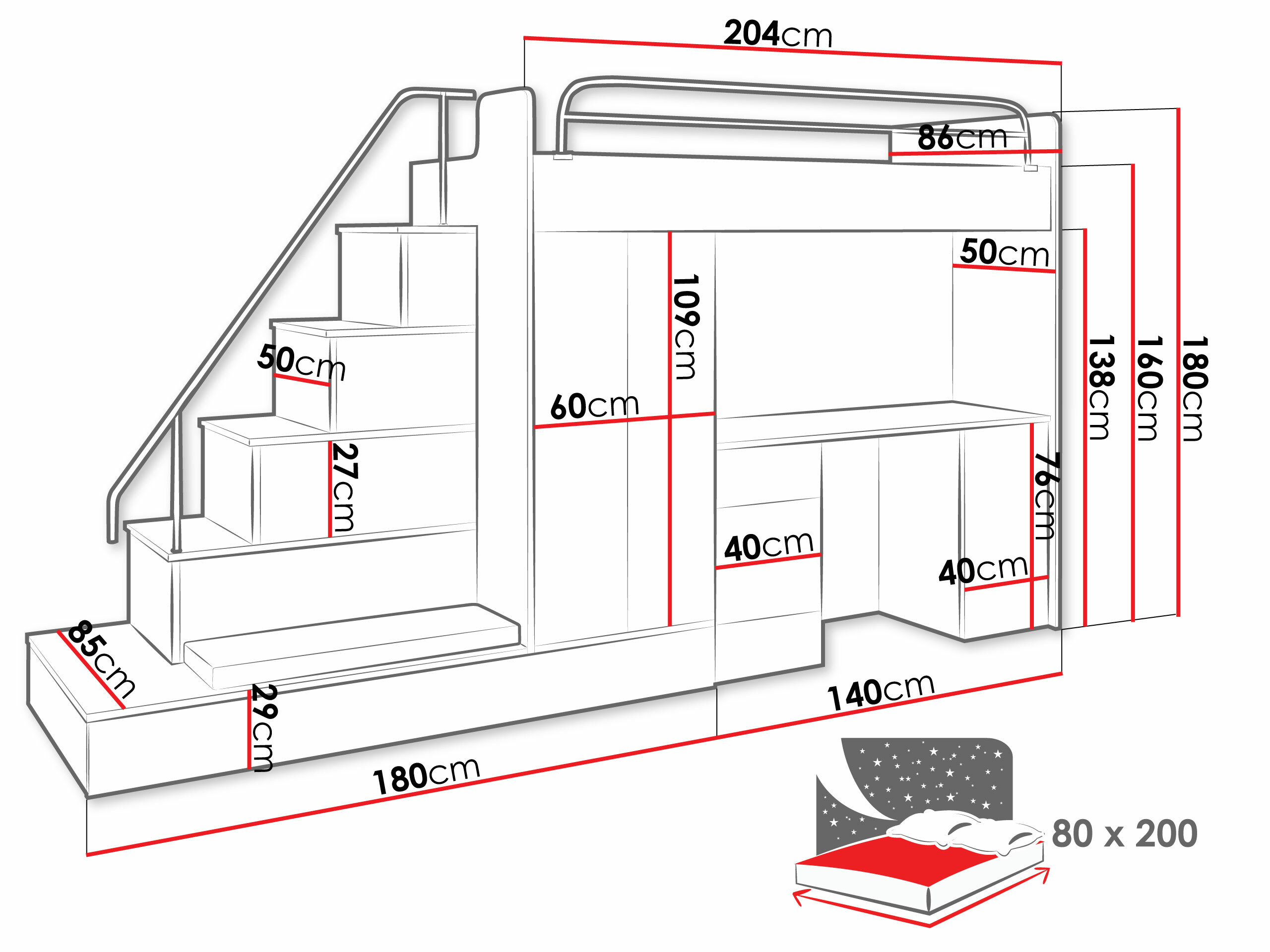 Komplet pohištva za otroško sobo Campus I (Bela + Sijaj bela + Sijaj siva)