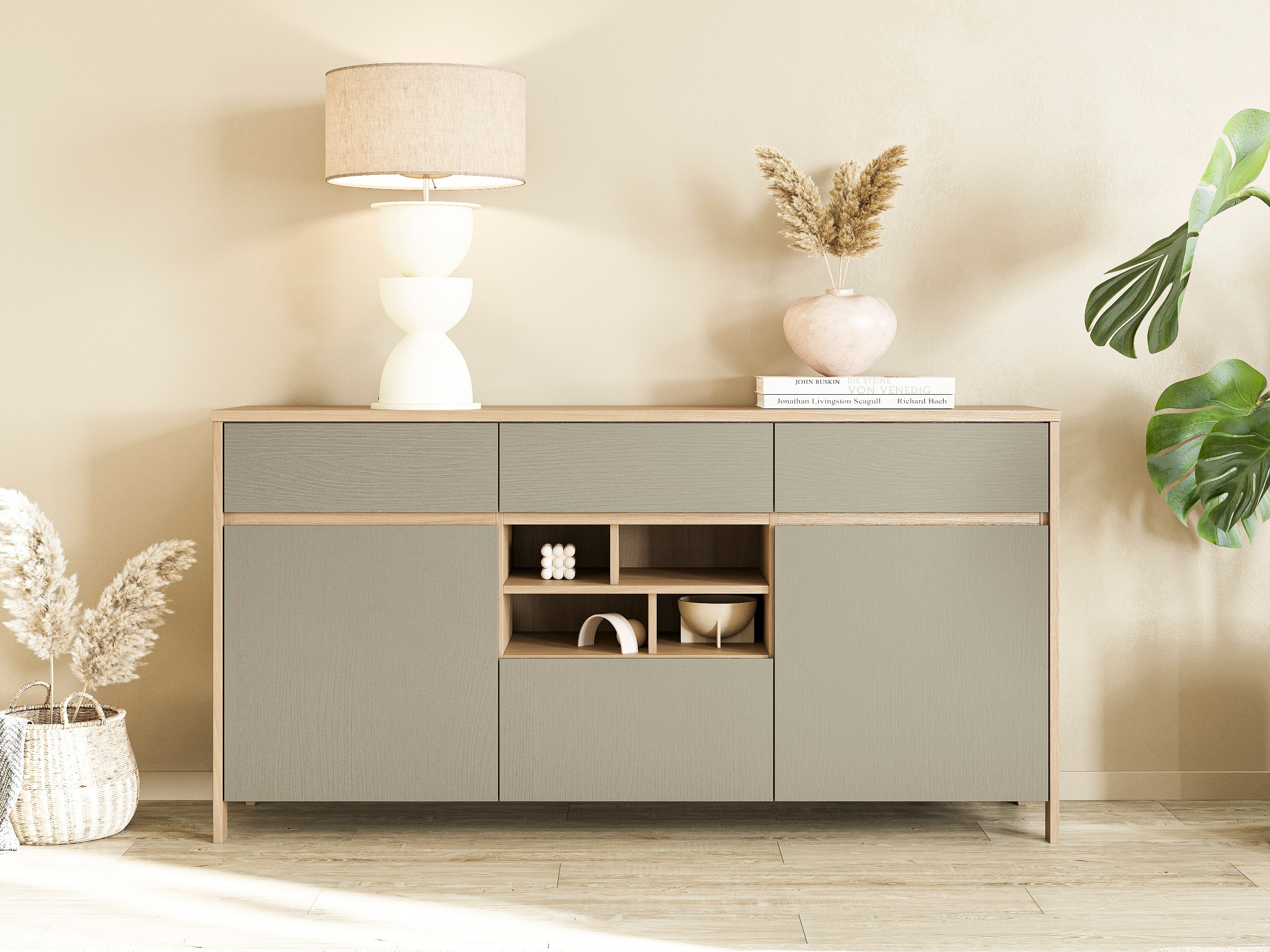 Komoda Fermaru 104 (Prašno zelena + Hrast)