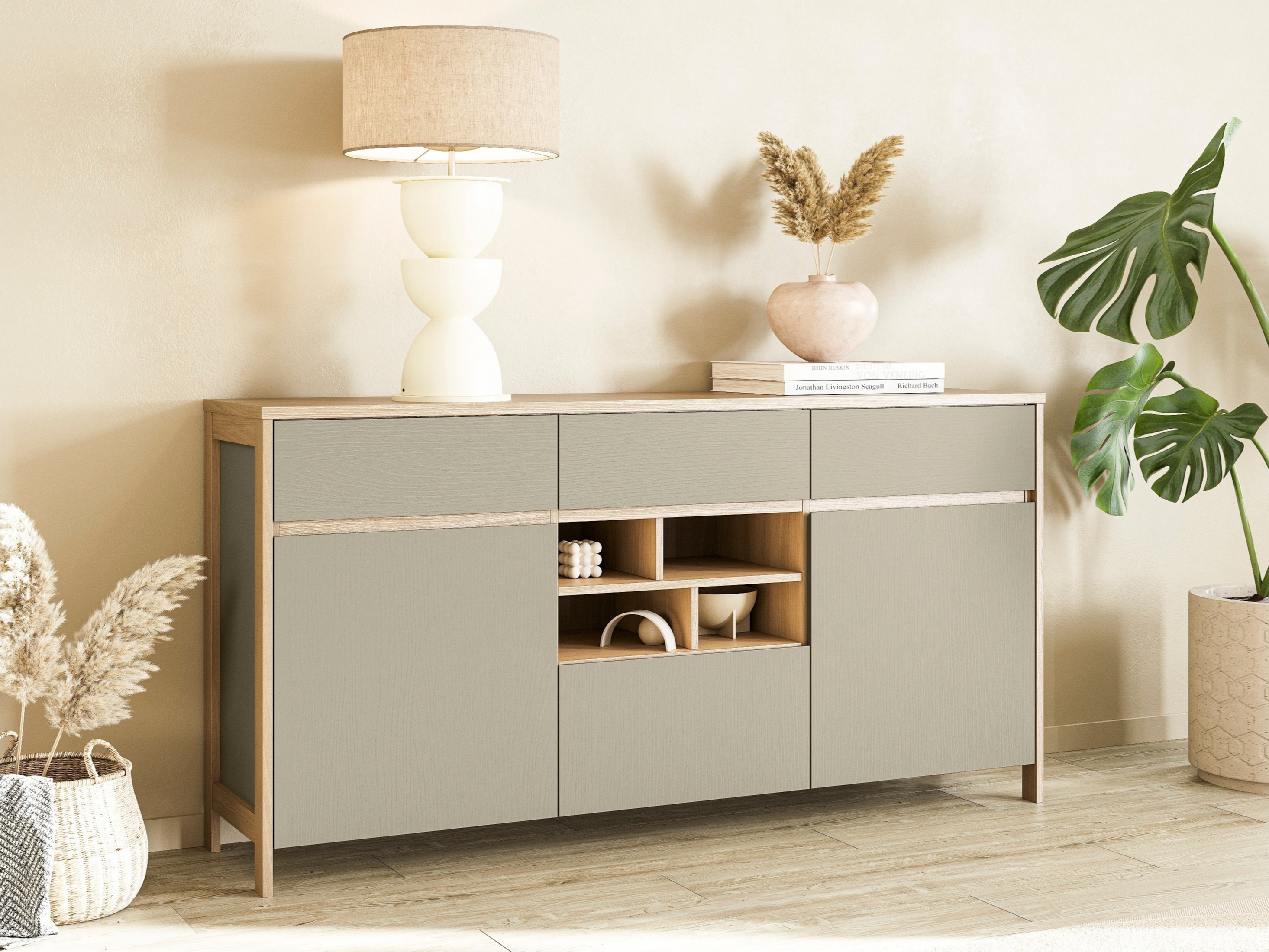 Komoda Fermaru 104 (Prašno zelena + Hrast)