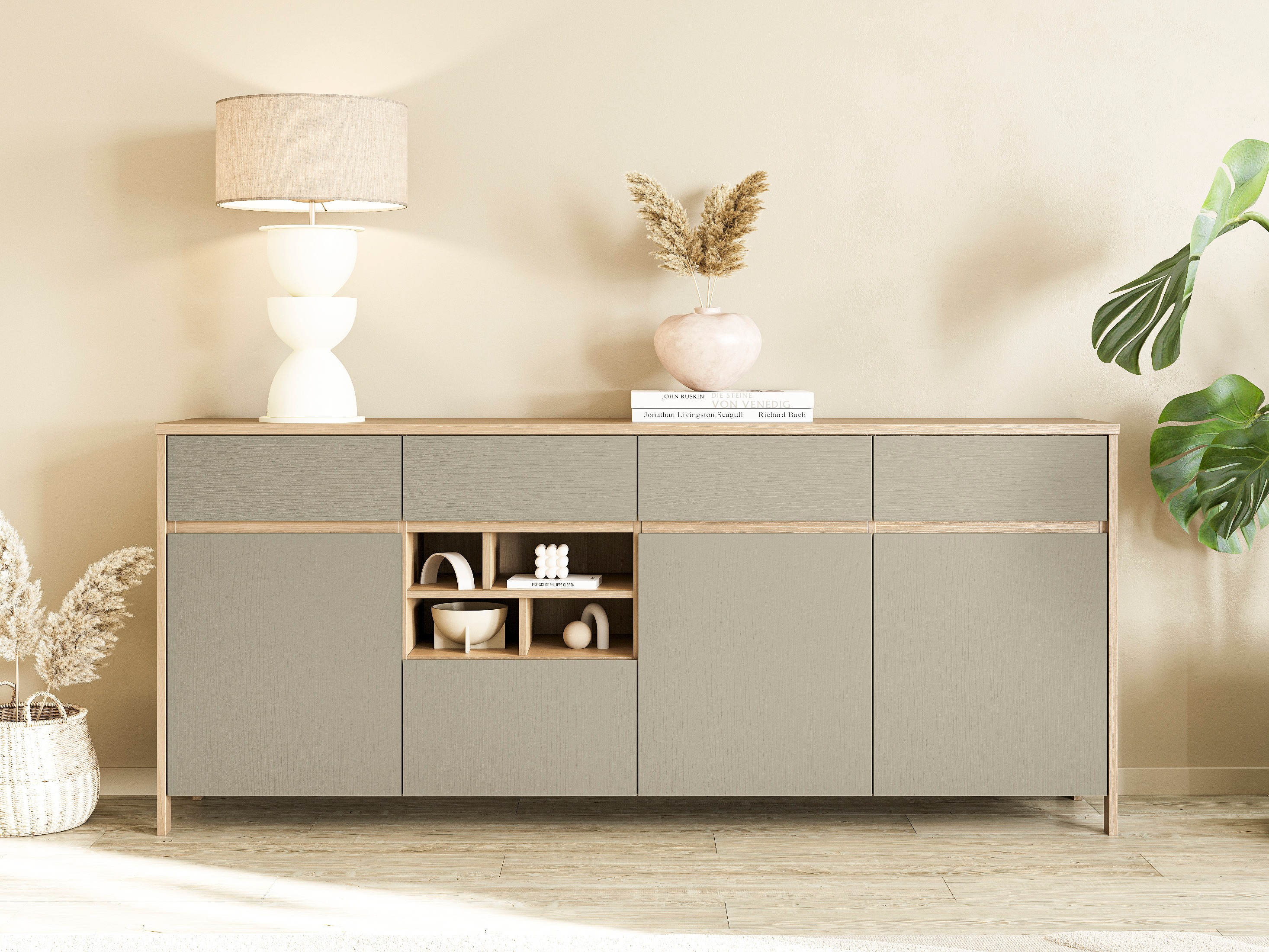 Komoda Fermaru 105 (Prašno zelena + Hrast)