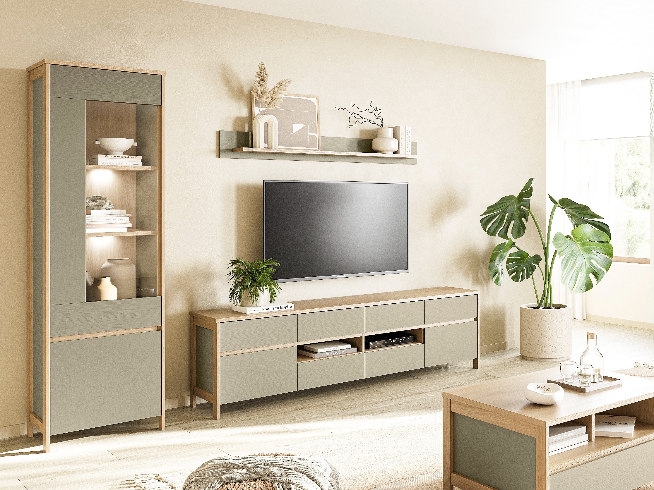 Komplet za dnevno sobo Fermaru 113 (Prašno zelena + Hrast)