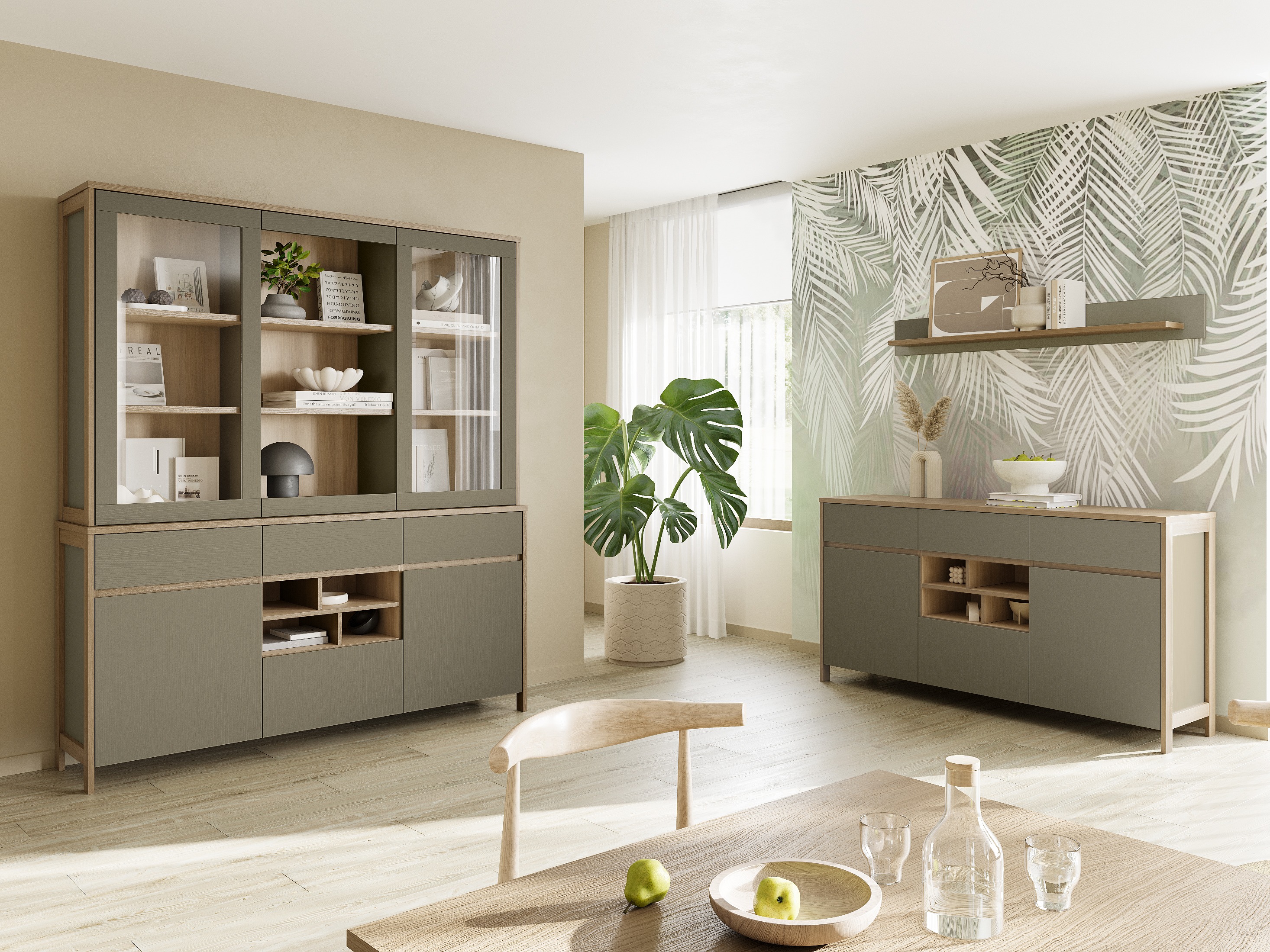 Stenska polica Fermaru 108 (Prašno zelena + Hrast)