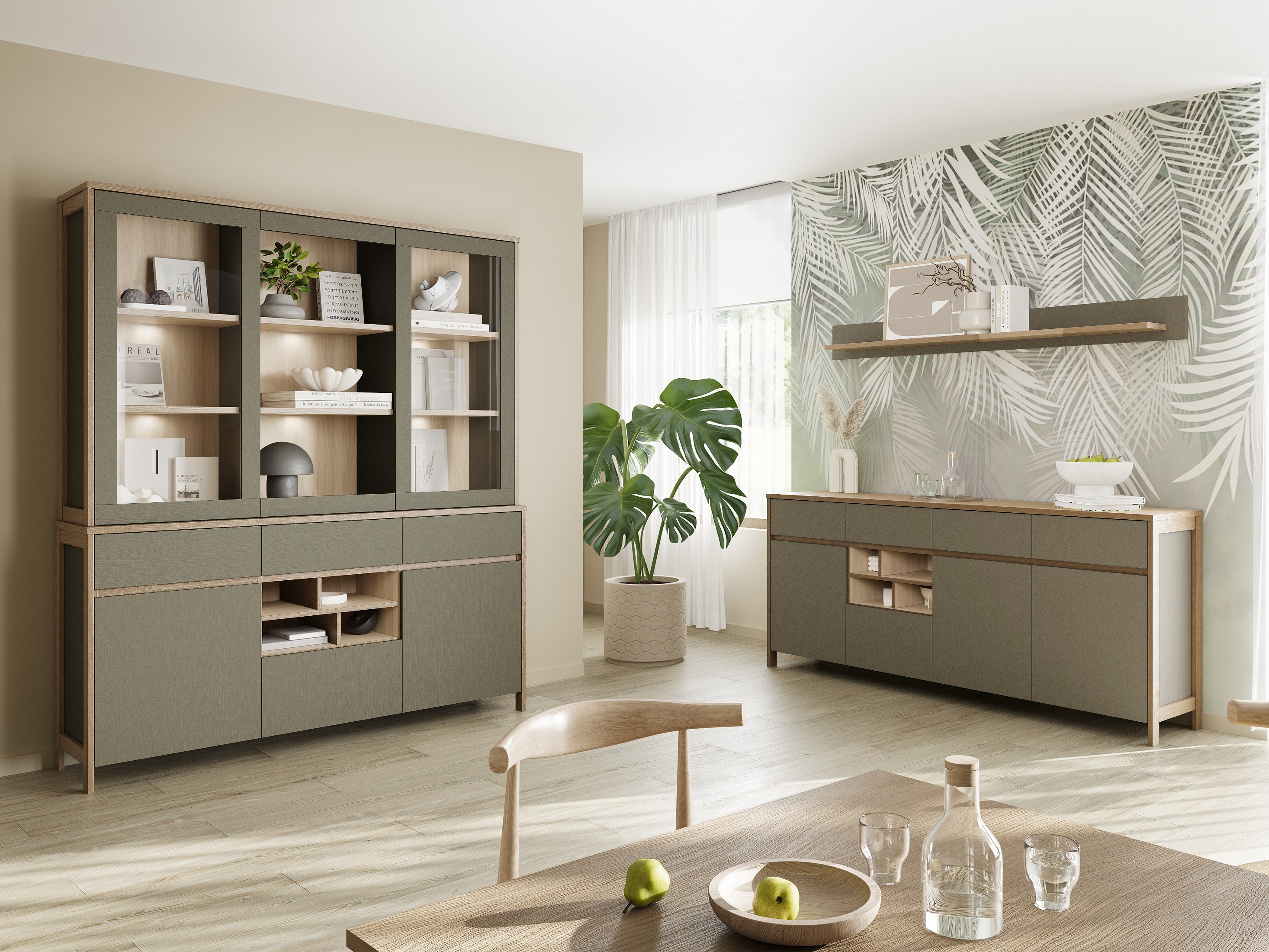 Stenska polica Fermaru 109 (Prašno zelena + Hrast)