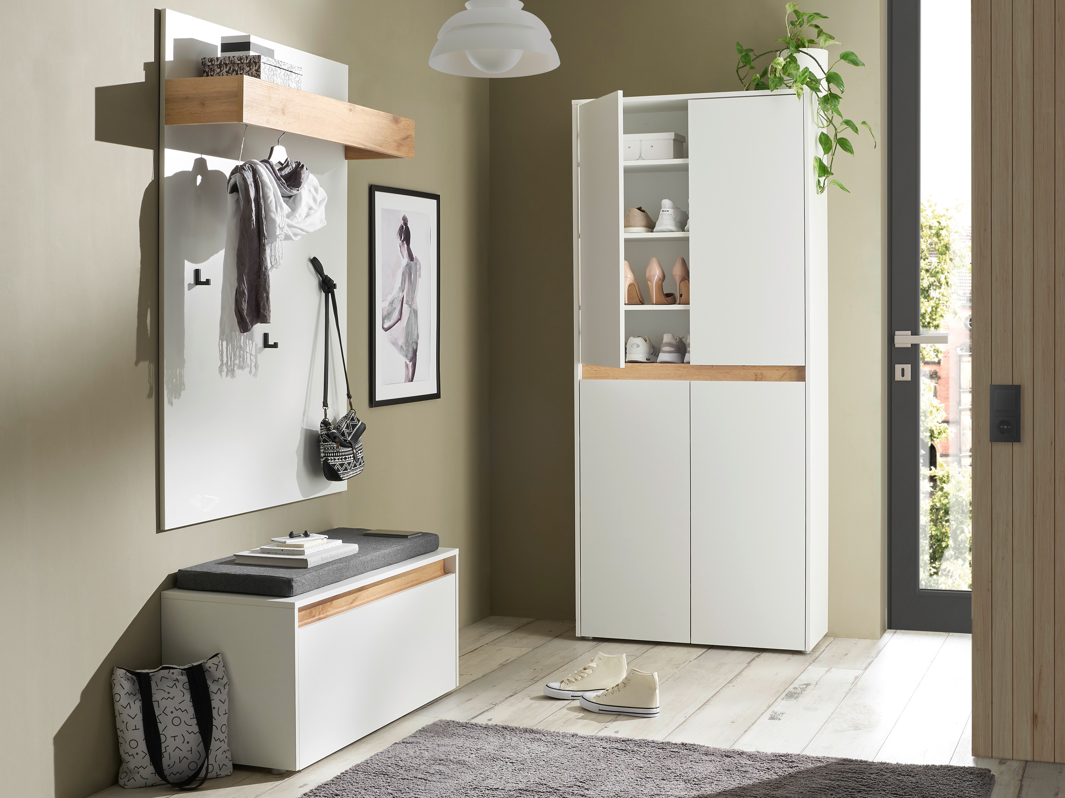 Komplet za predsobo Elbsori 177 (Bela + Wotan hrast)