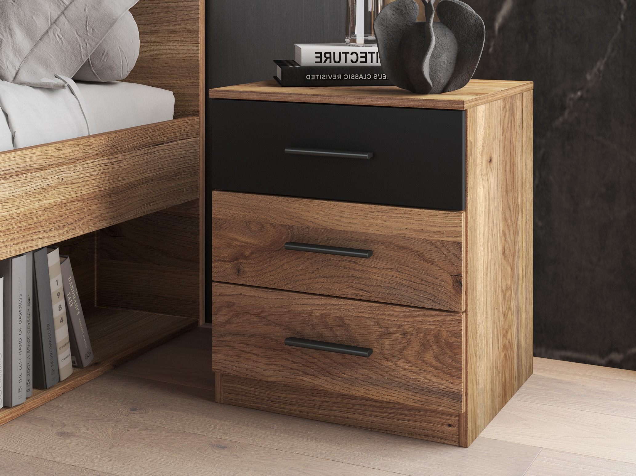 Nočna omarica Melvele 100 (Hrast + Črna)
