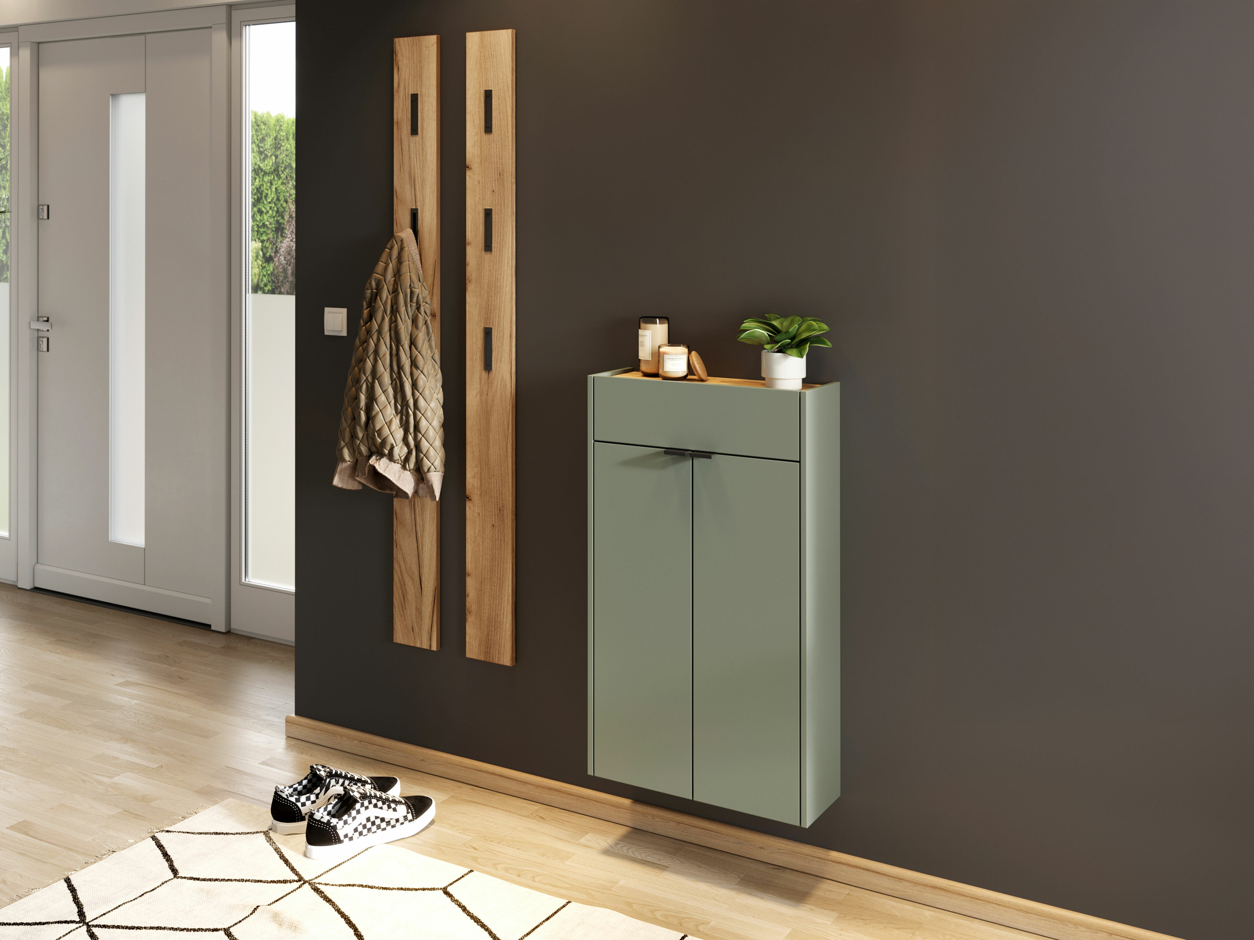 Komplet za predsobo Cirsale 105 (Prašno zelena + Navarra hrast)