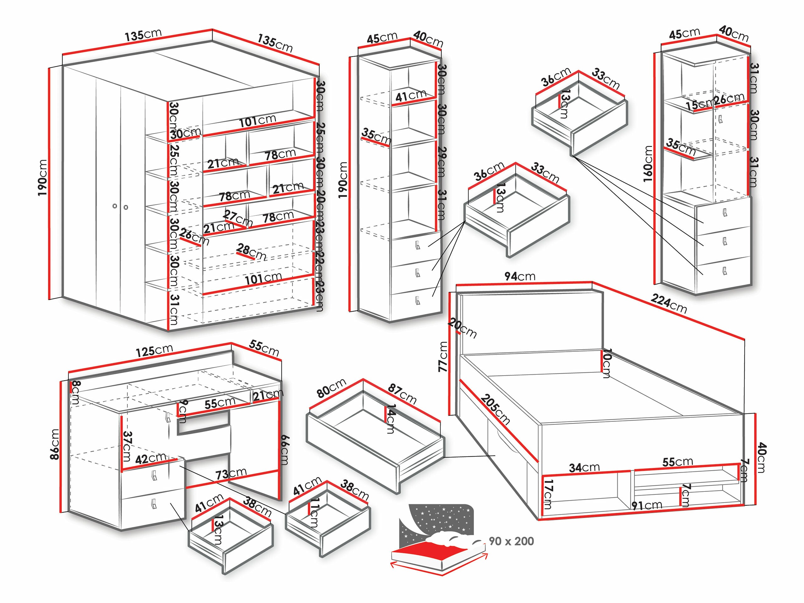 Komplet pohištva za otroško sobo Camteso 115 (Bela + Hrast + Turkizna)