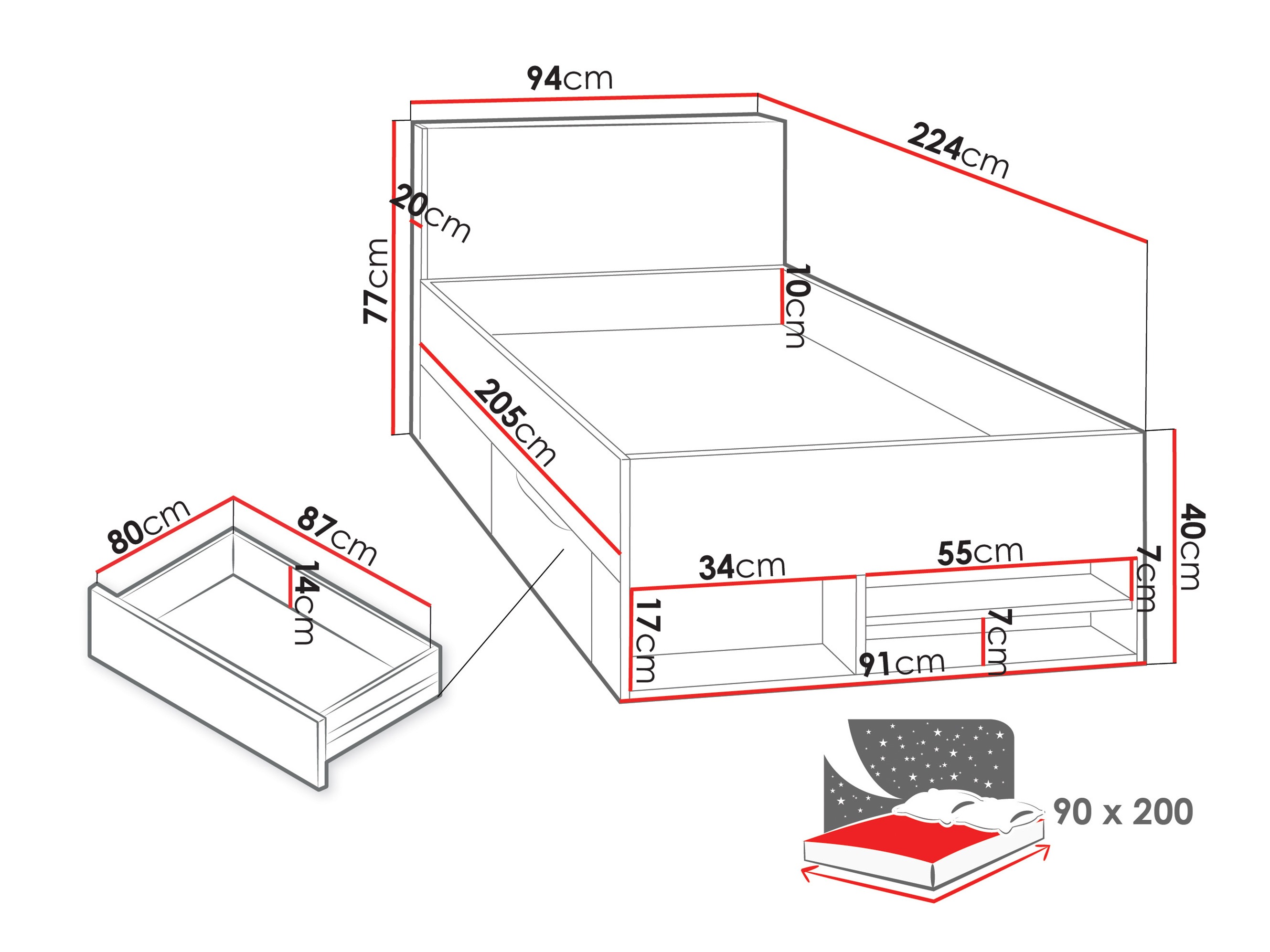 Postelja Camteso 112 (Bela + Hrast + Turkizna)