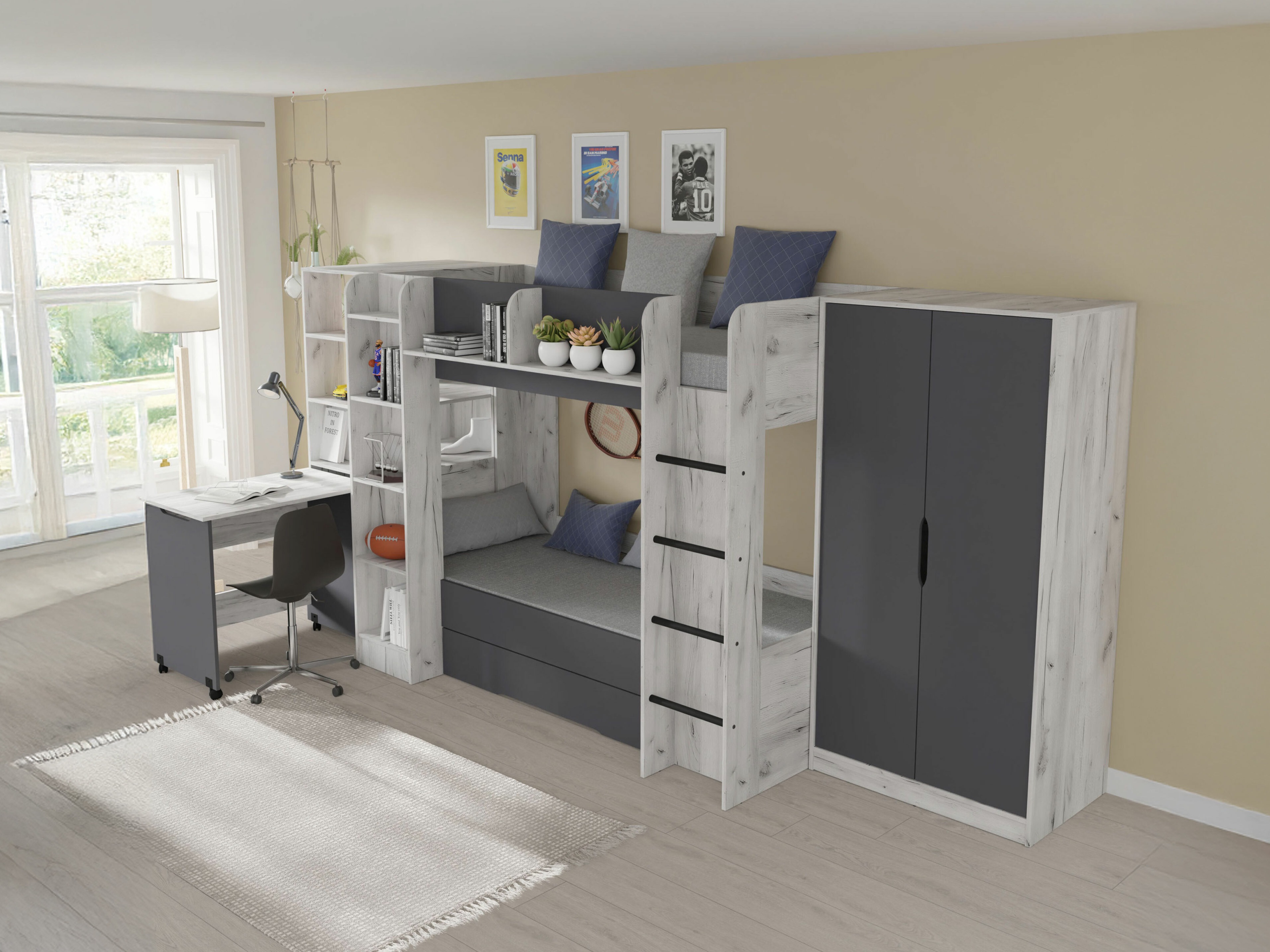Komplet pohištva za otroško sobo Elitenu 104 (Craft bela + Grafit)