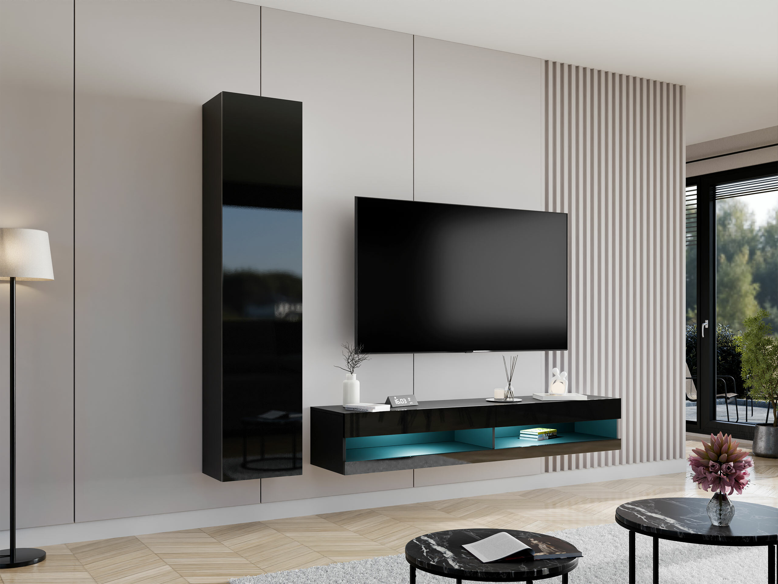 Komplet za dnevno sobo Vilrin VI (Črna + Sijaj črna)