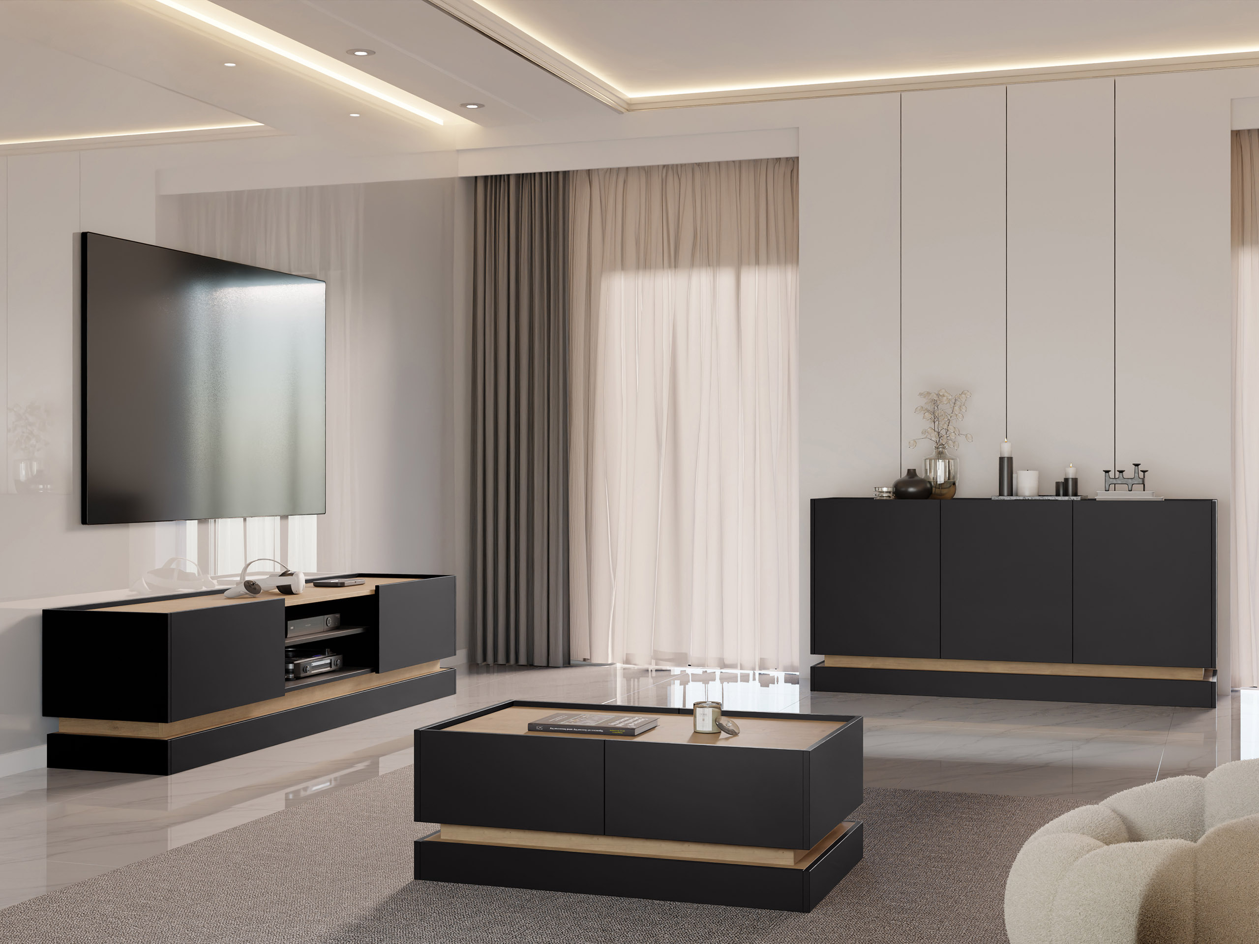 Komplet za dnevno sobo Comfivo Dalvenu 104 (Črna + Hrast)