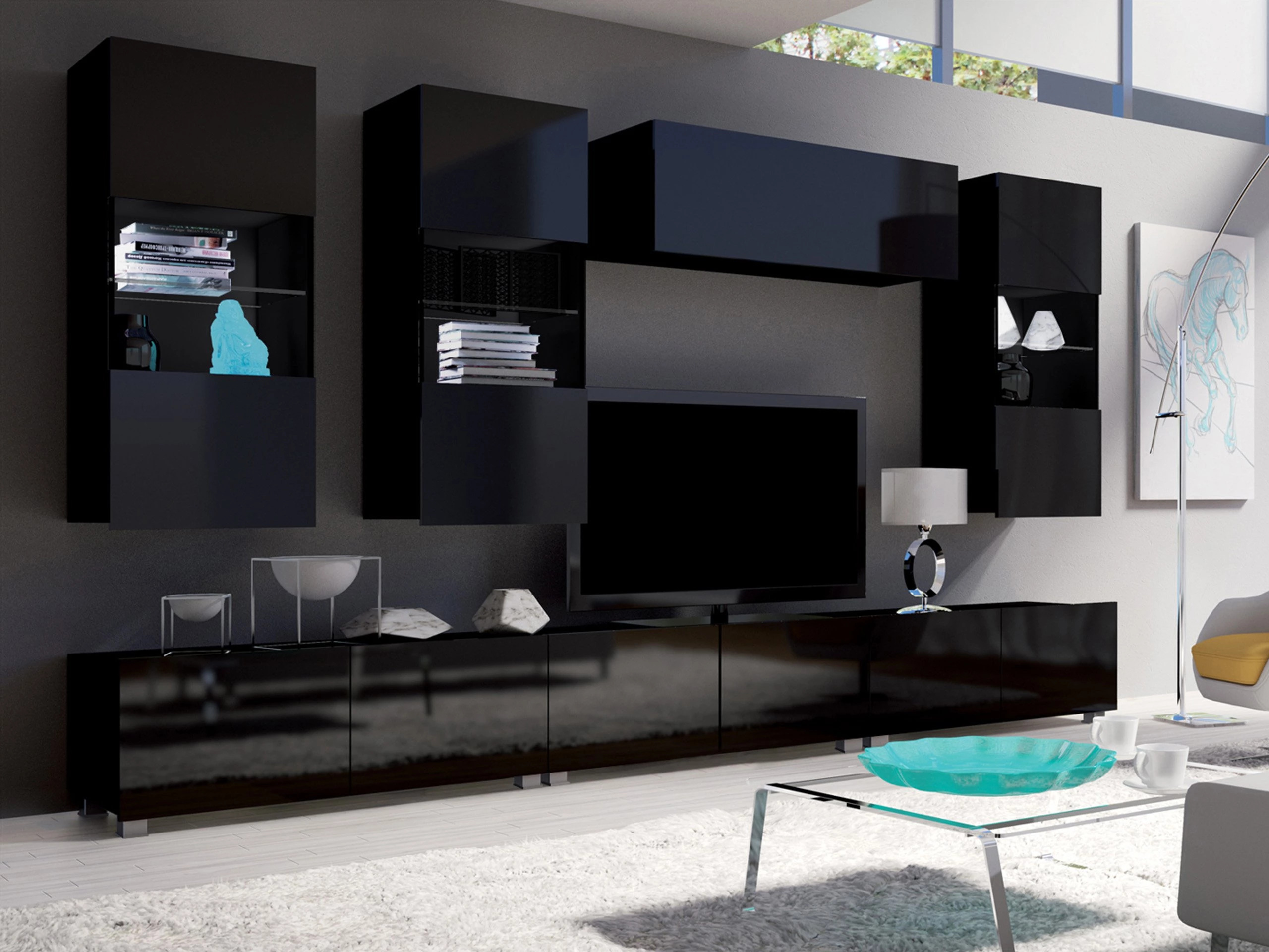 Stenska omarica Tivdalu 102 (Črna + Sijaj črna)