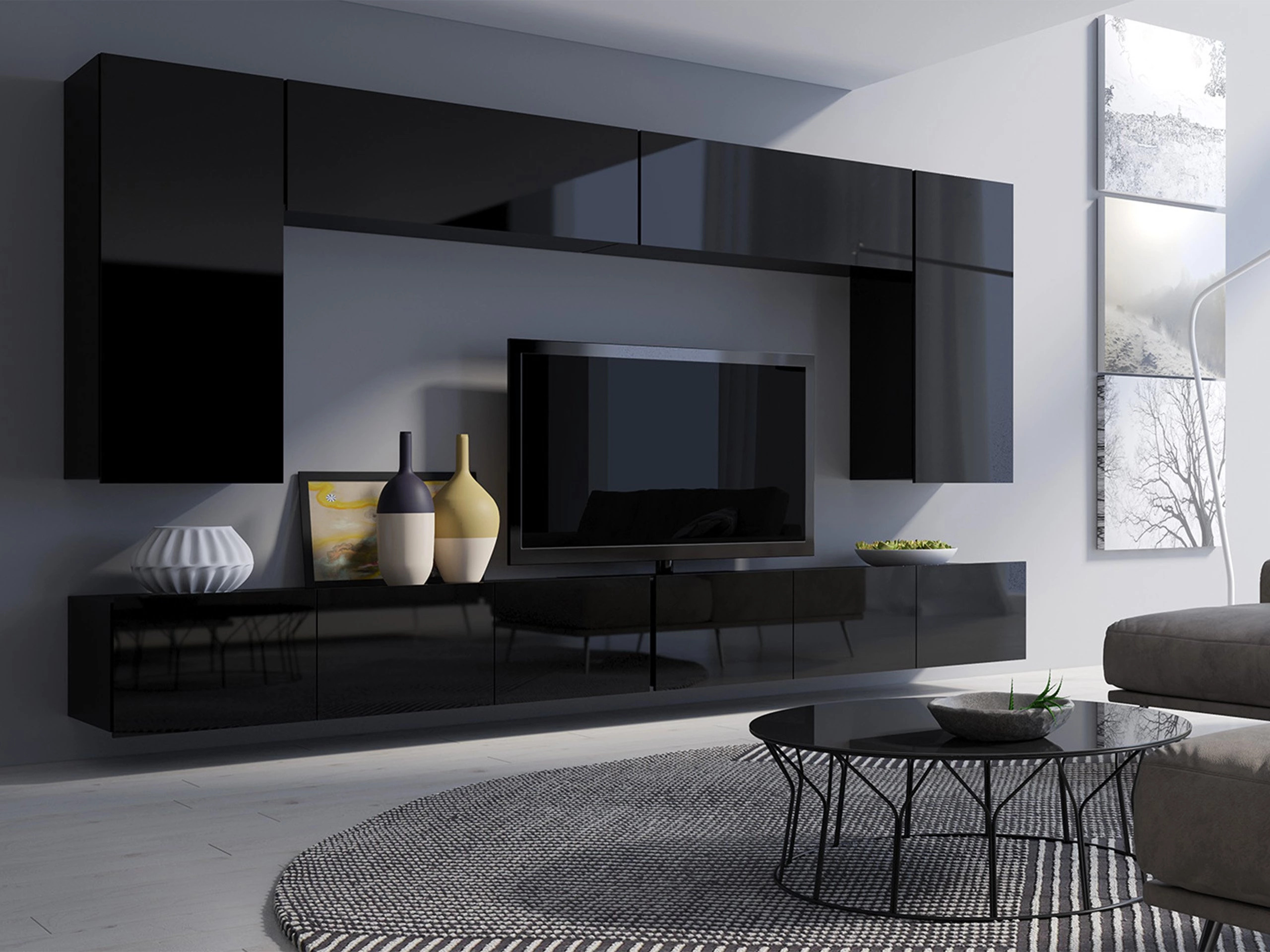 Komplet za dnevno sobo Remus XIII (Črna + Sijaj črna)