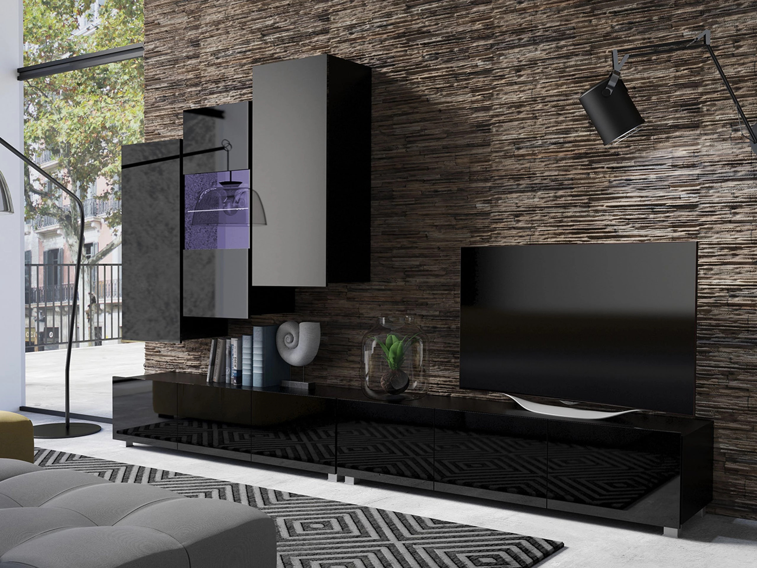 Komplet za dnevno sobo Remus XVII (Črna + Sijaj črna)