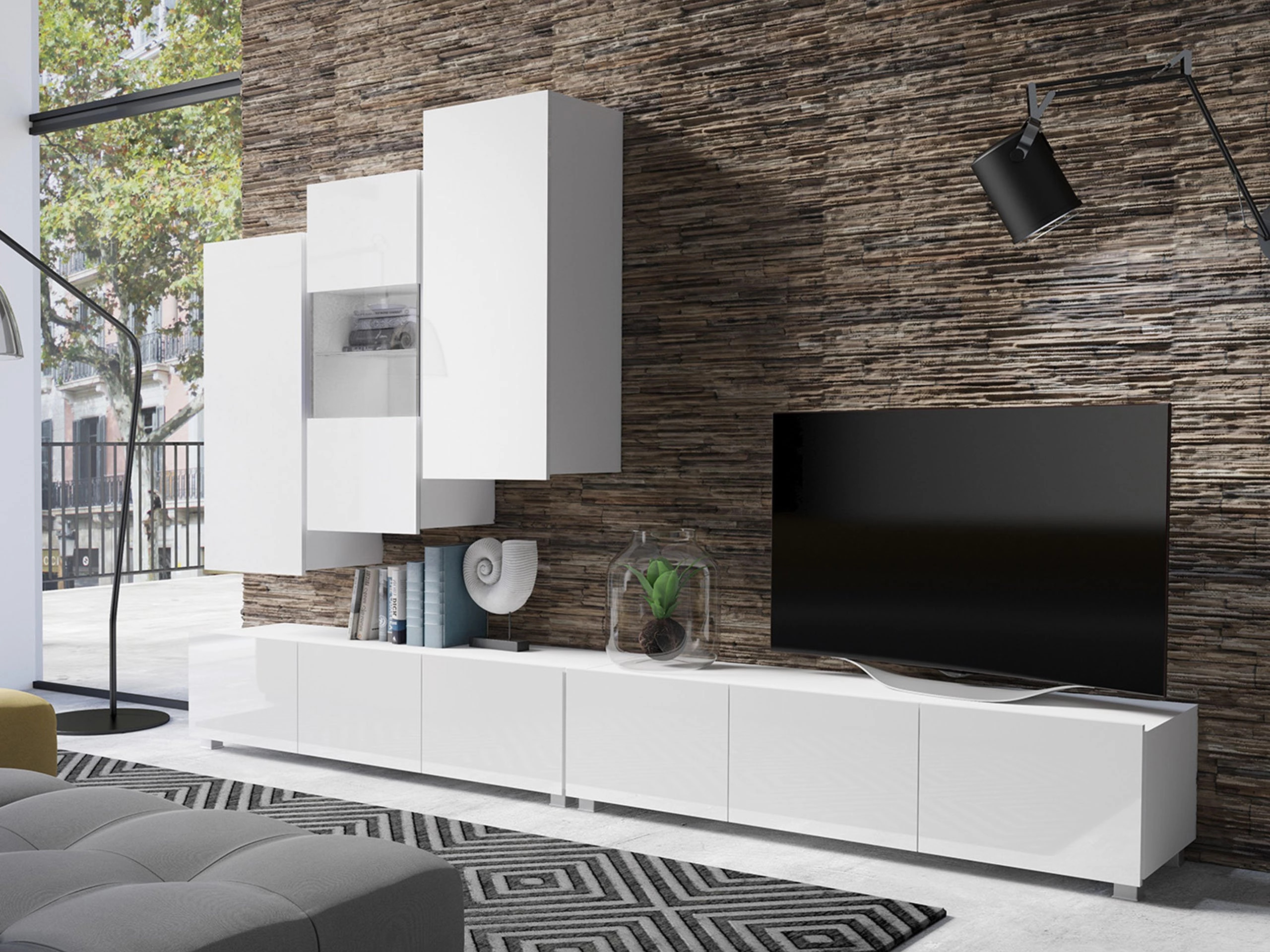 Stenska omarica Remus III (Bela + Sijaj bela)