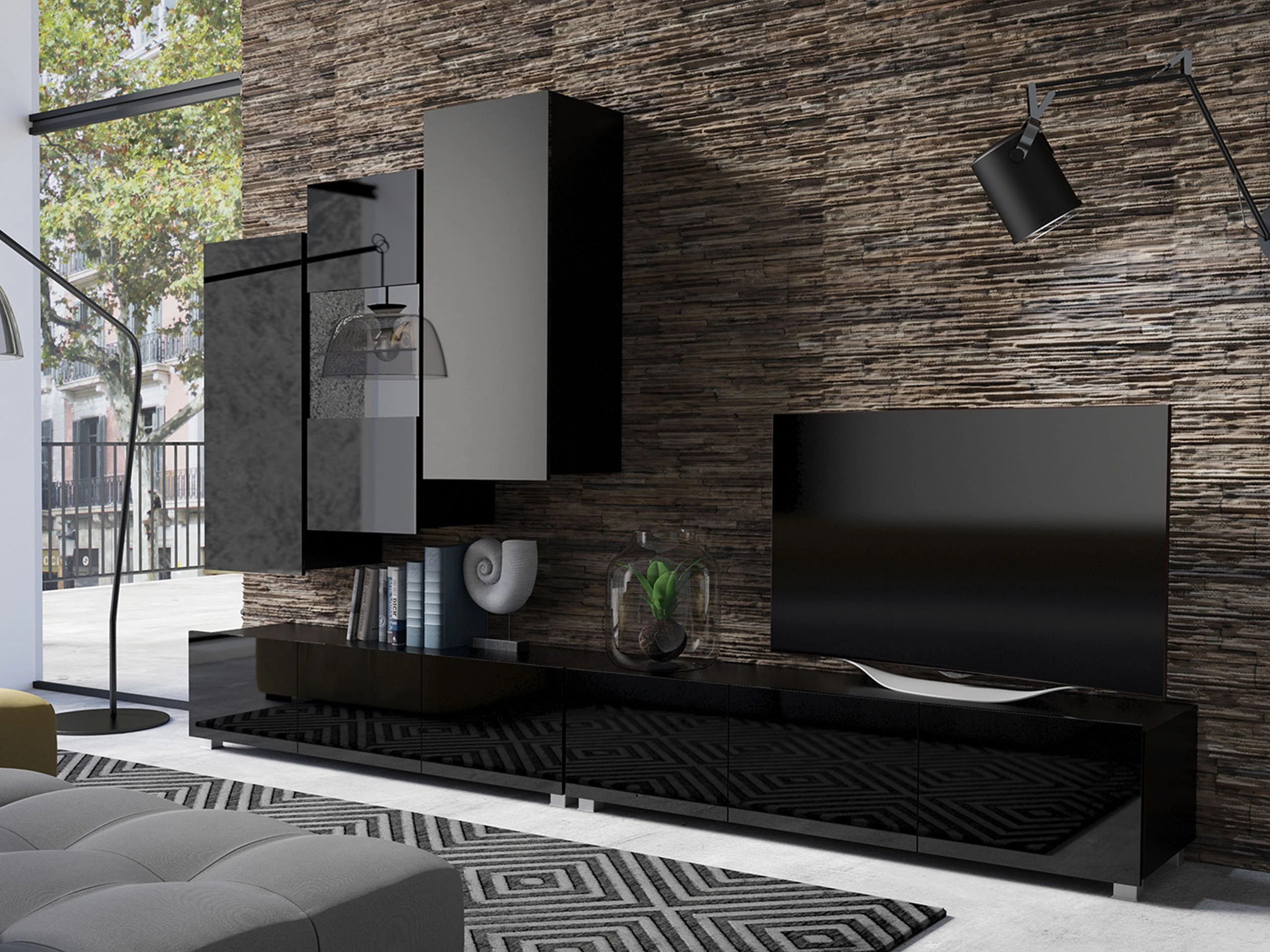 Stenska omarica Tivdalu 126 (Črna + Sijaj črna)