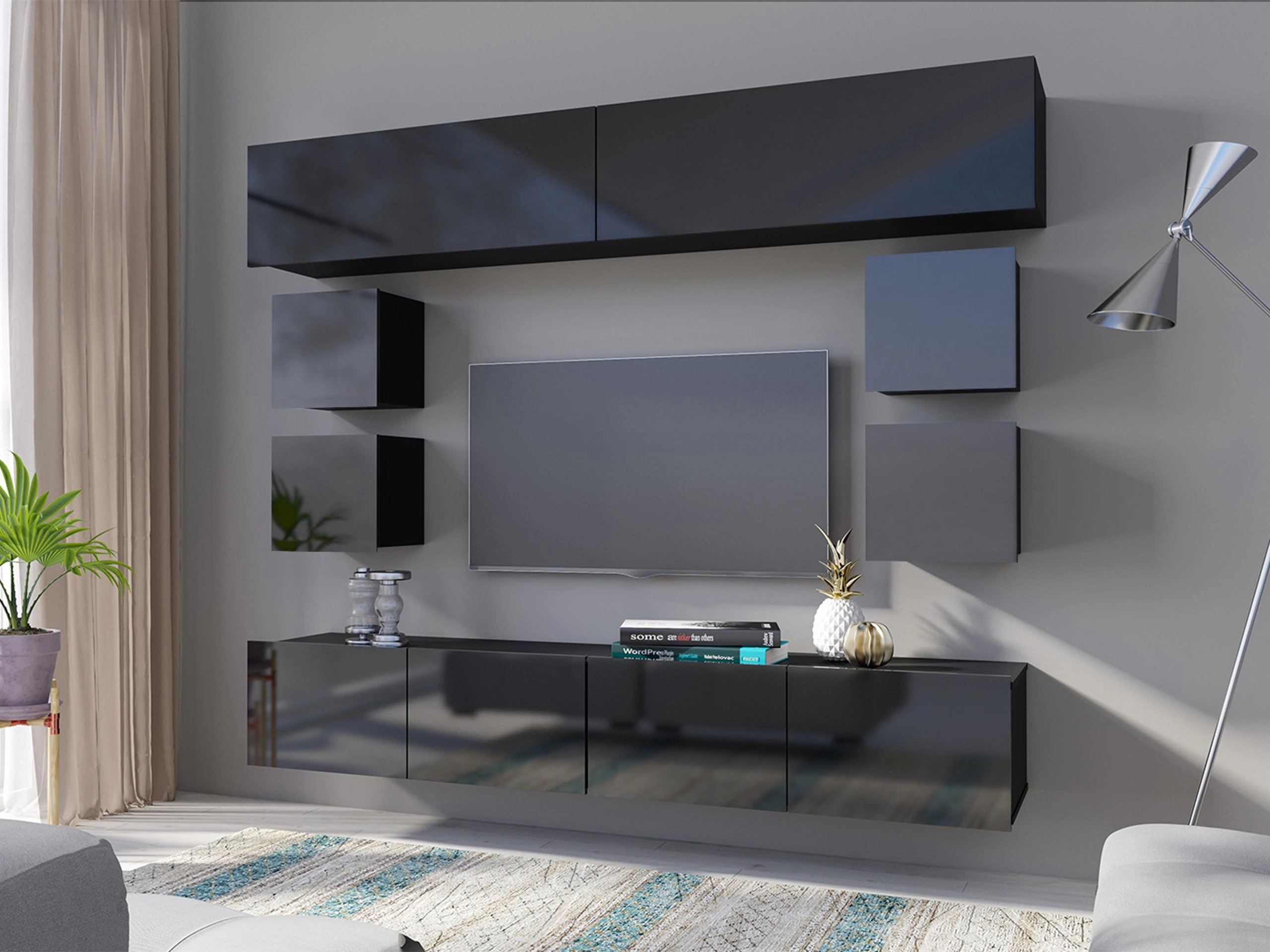 Komplet za dnevno sobo Remus XVI (Črna + Sijaj črna)