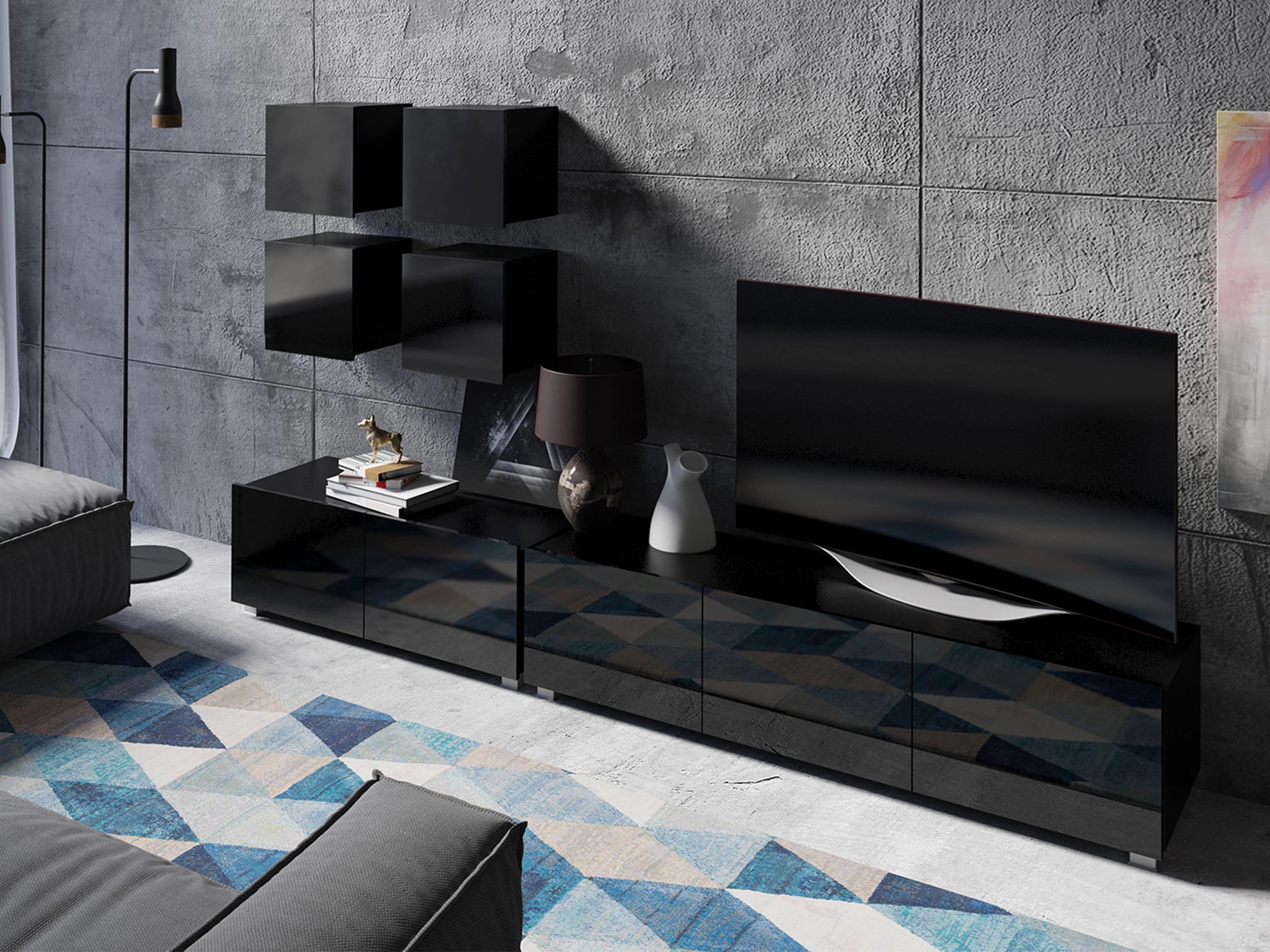 Komplet za dnevno sobo Remus XVIII (Črna + Sijaj črna)