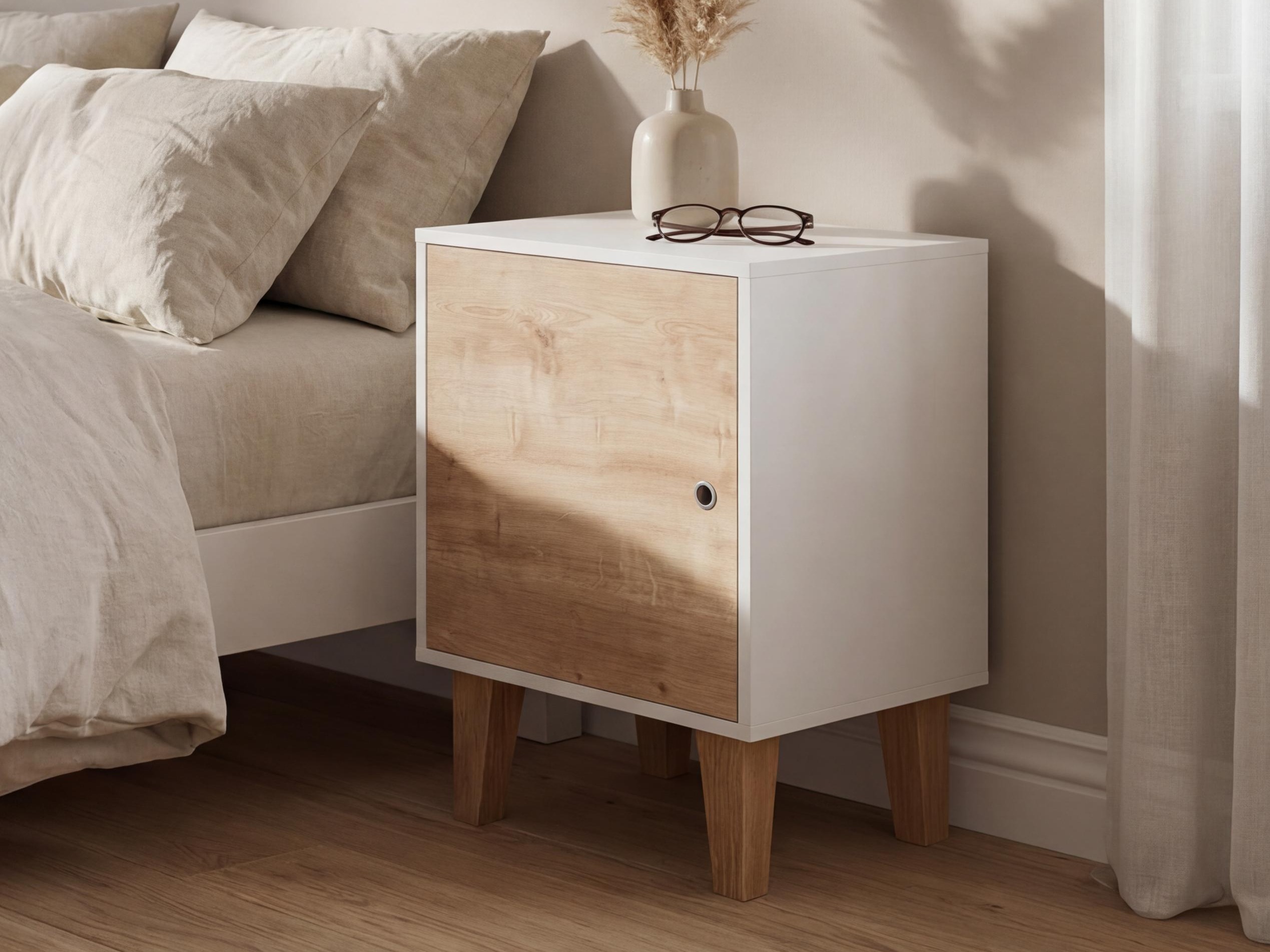 Nočna omarica Domfera 105 (Bela + Hrast)