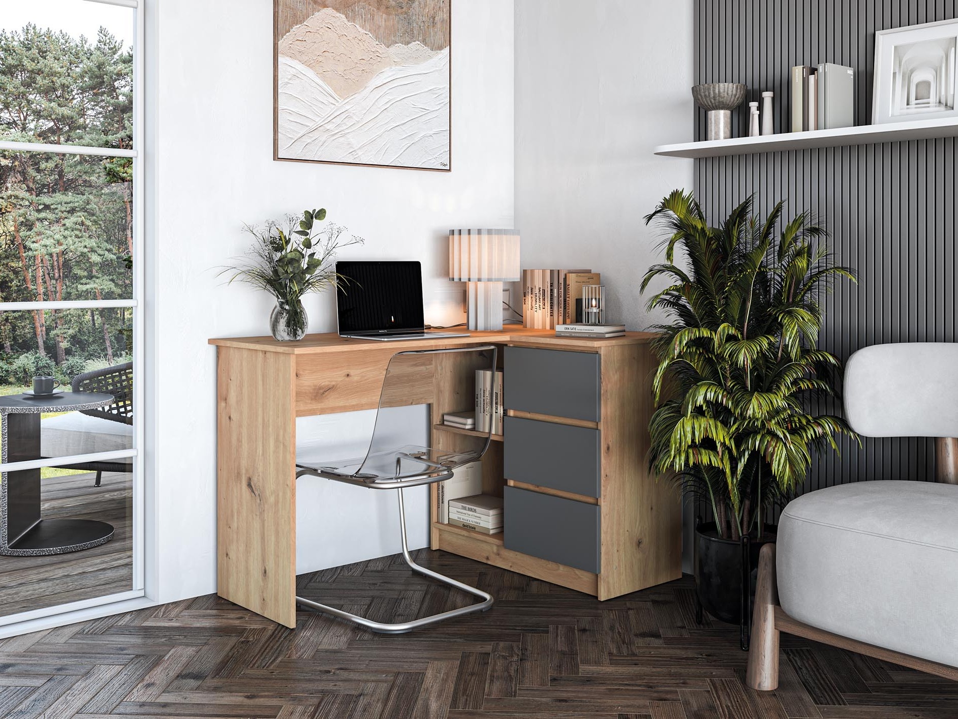 Kotna pisalna miza Houston 1950 (Grafit + Artisan hrast)