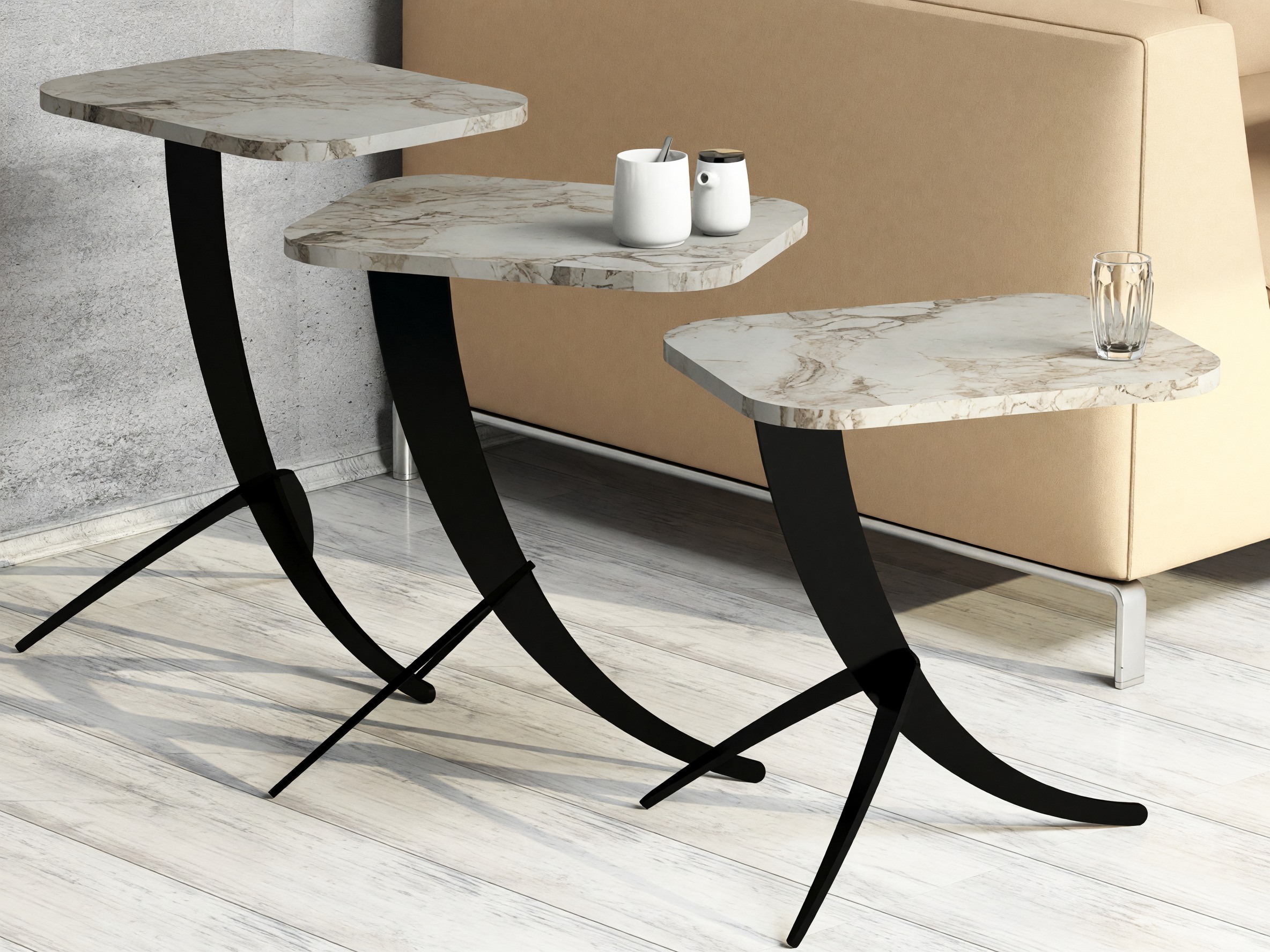 Komplet stranskih mizic Kailua 1622 (Beli marmor + Črna)