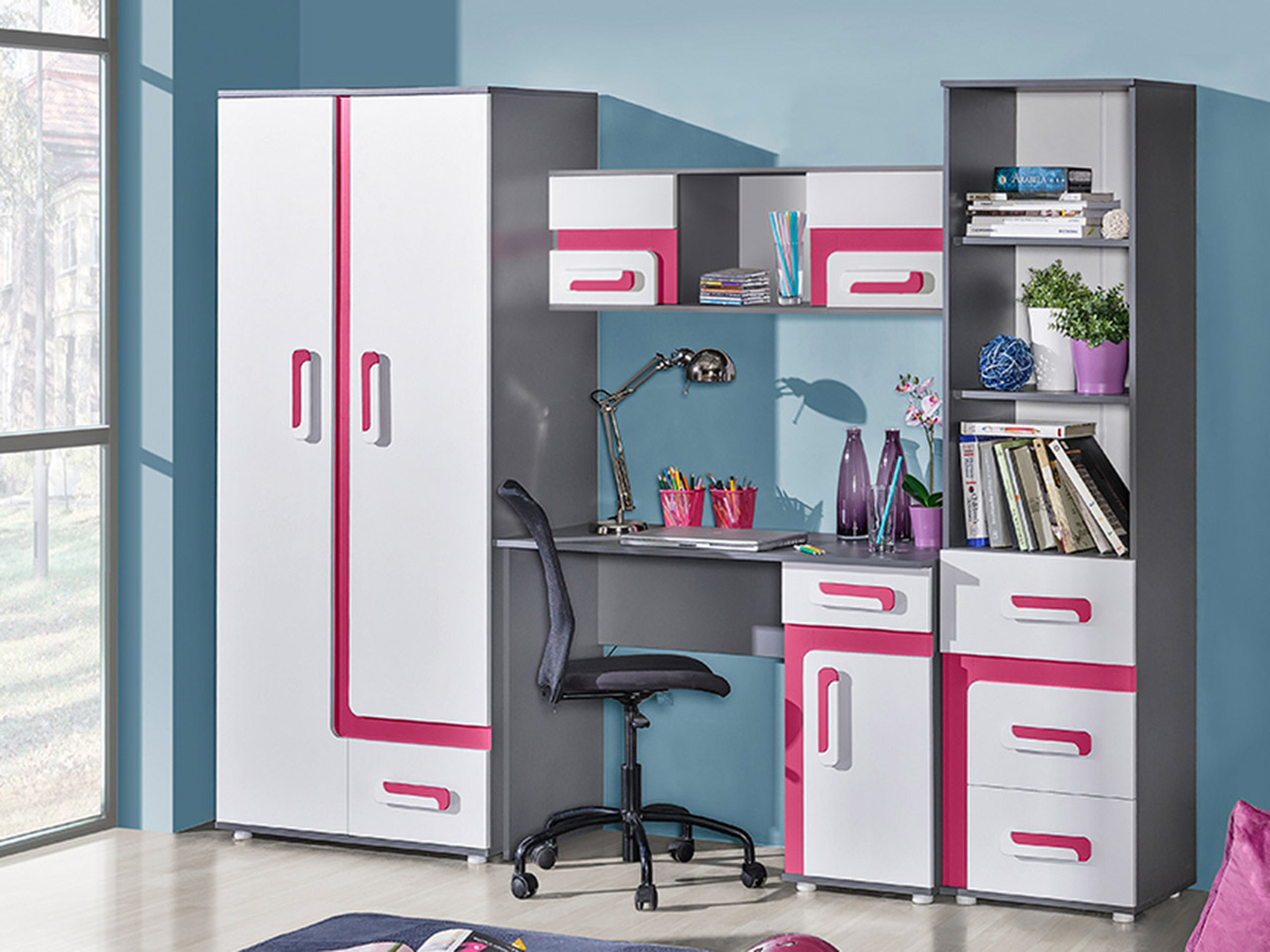 Komplet pohištva za otroško sobo Levtala 120 (Antracit + Bela + Roza)