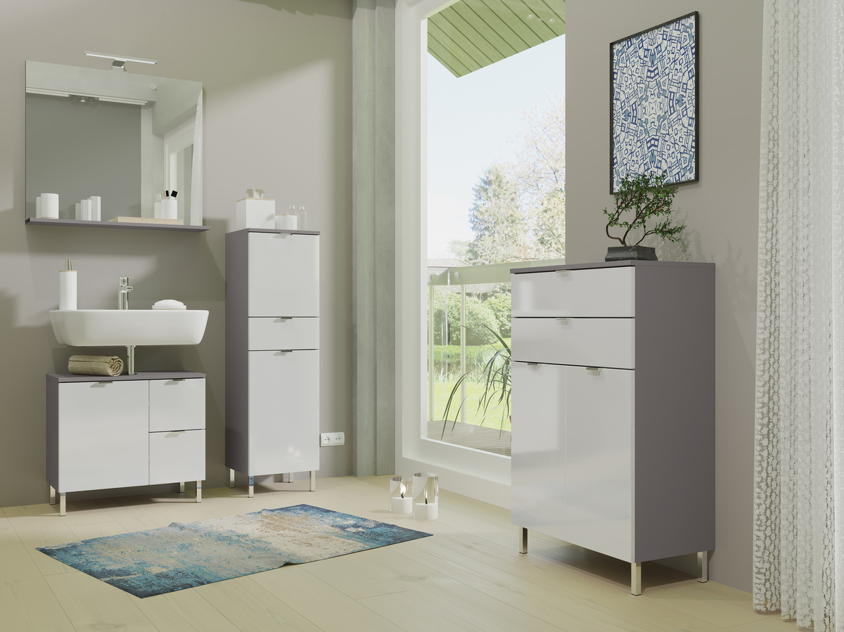 Prostostoječa kopalniška omarica za umivalnik Lomcamo 100 (Sijaj bela+ Grafit)