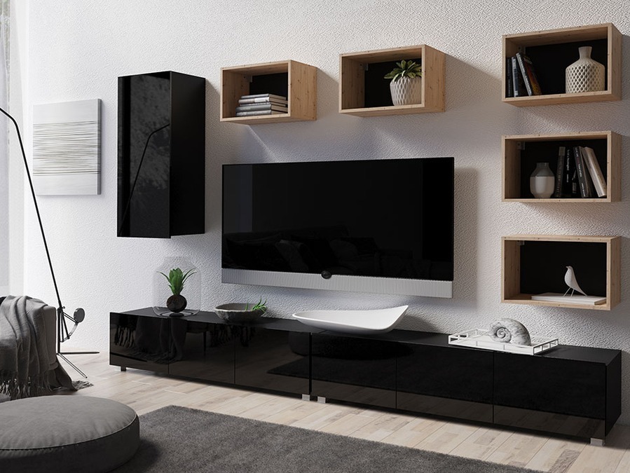 Dnevni prostor Tivdalu 157 (Črna + Sijaj črna + Artisan hrast)