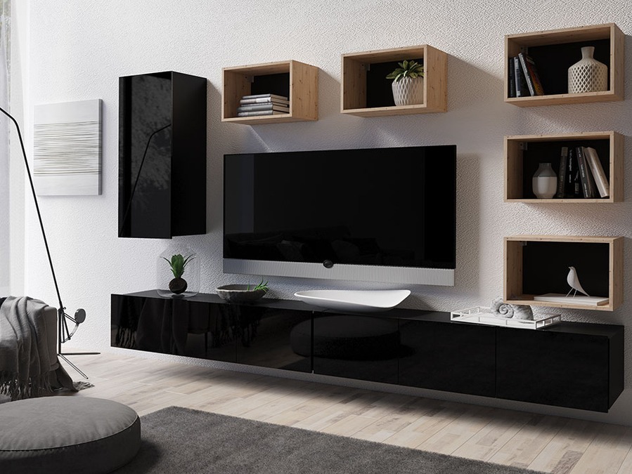 Dnevni prostor Tivdalu 157 (Črna + Sijaj črna + Artisan hrast)