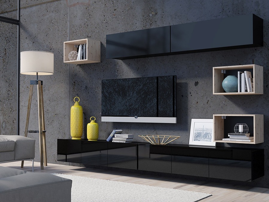 Komplet za dnevno sobo Remus XXXI (Črna + Sijaj črna + Artisan hrast)