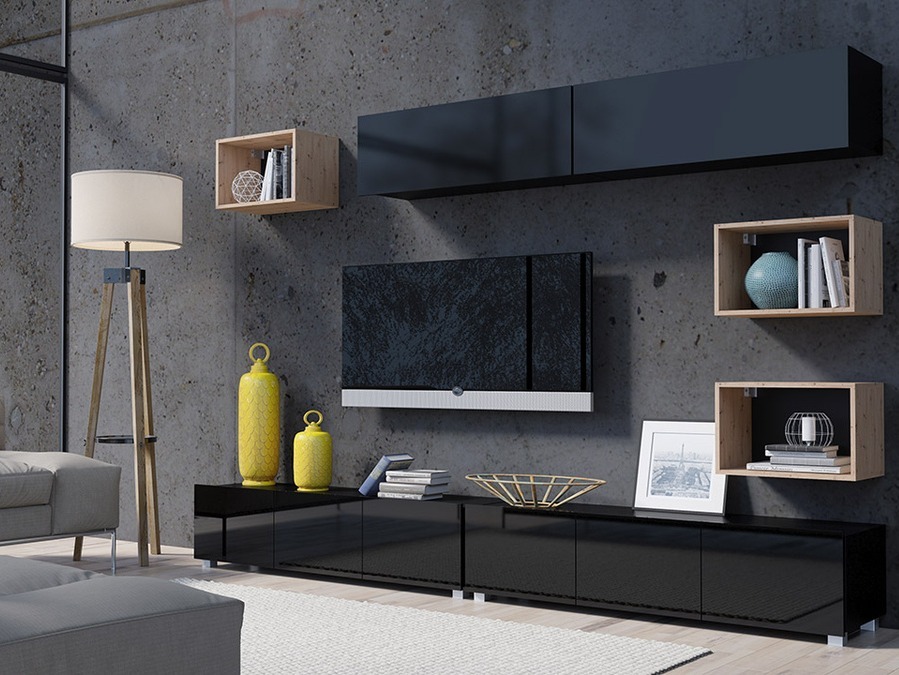 Komplet za dnevno sobo Remus XXXI (Črna + Sijaj črna + Artisan hrast)