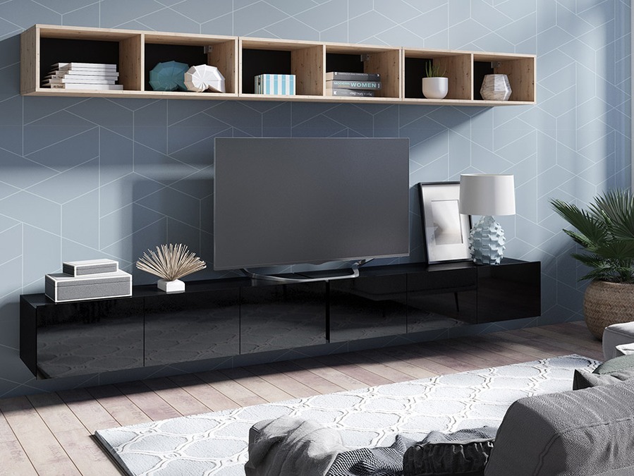 Komplet za dnevno sobo Remus XXXIII (Črna + Sijaj črna + Artisan hrast)